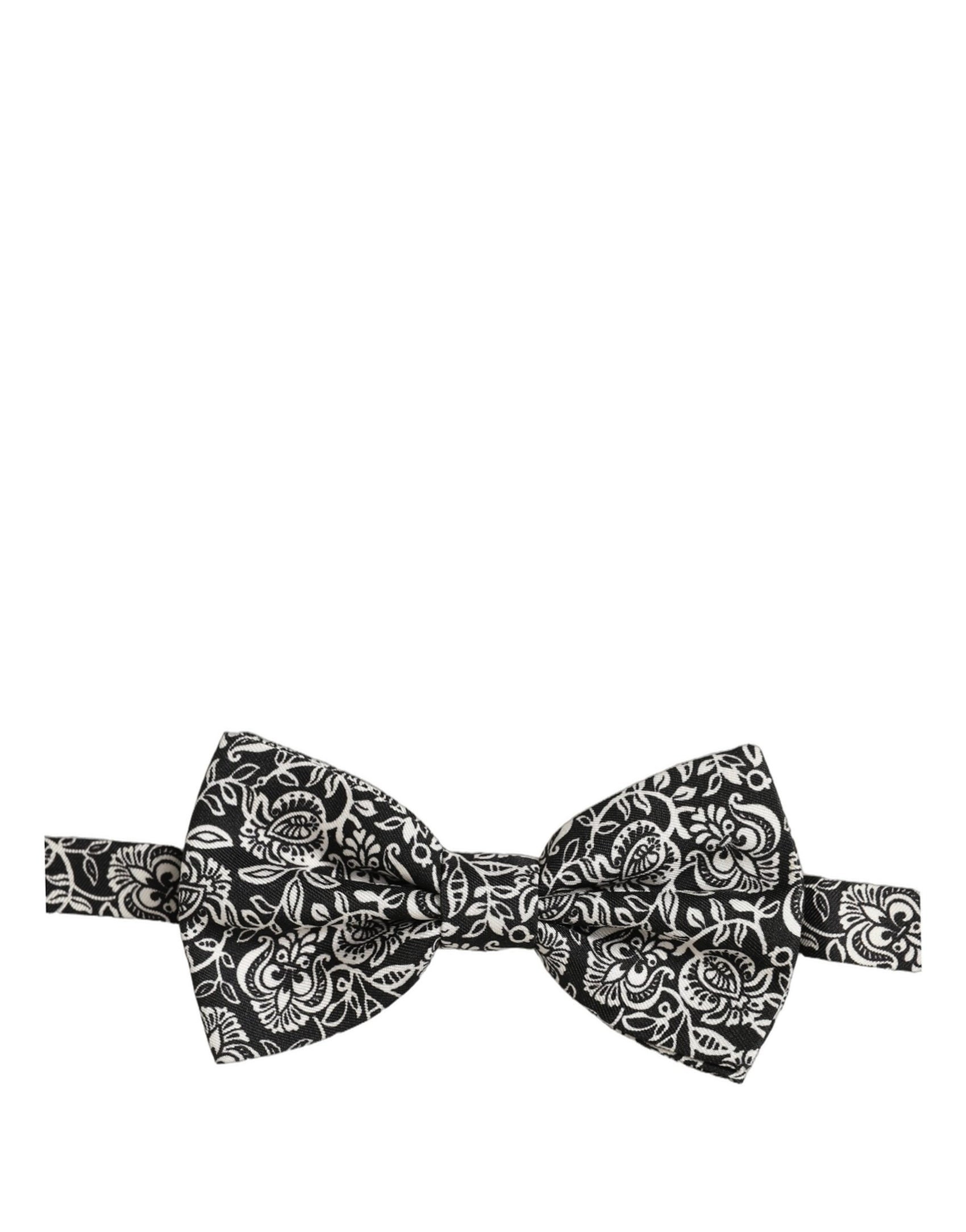 Dolce & Gabbana Tie Black White Paisley Silk Adjustable Neck Papillon Bow