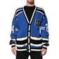 Dolce & Gabbana Blue Cotton Logo Patch Ribbed Knit Cardigan Sweater