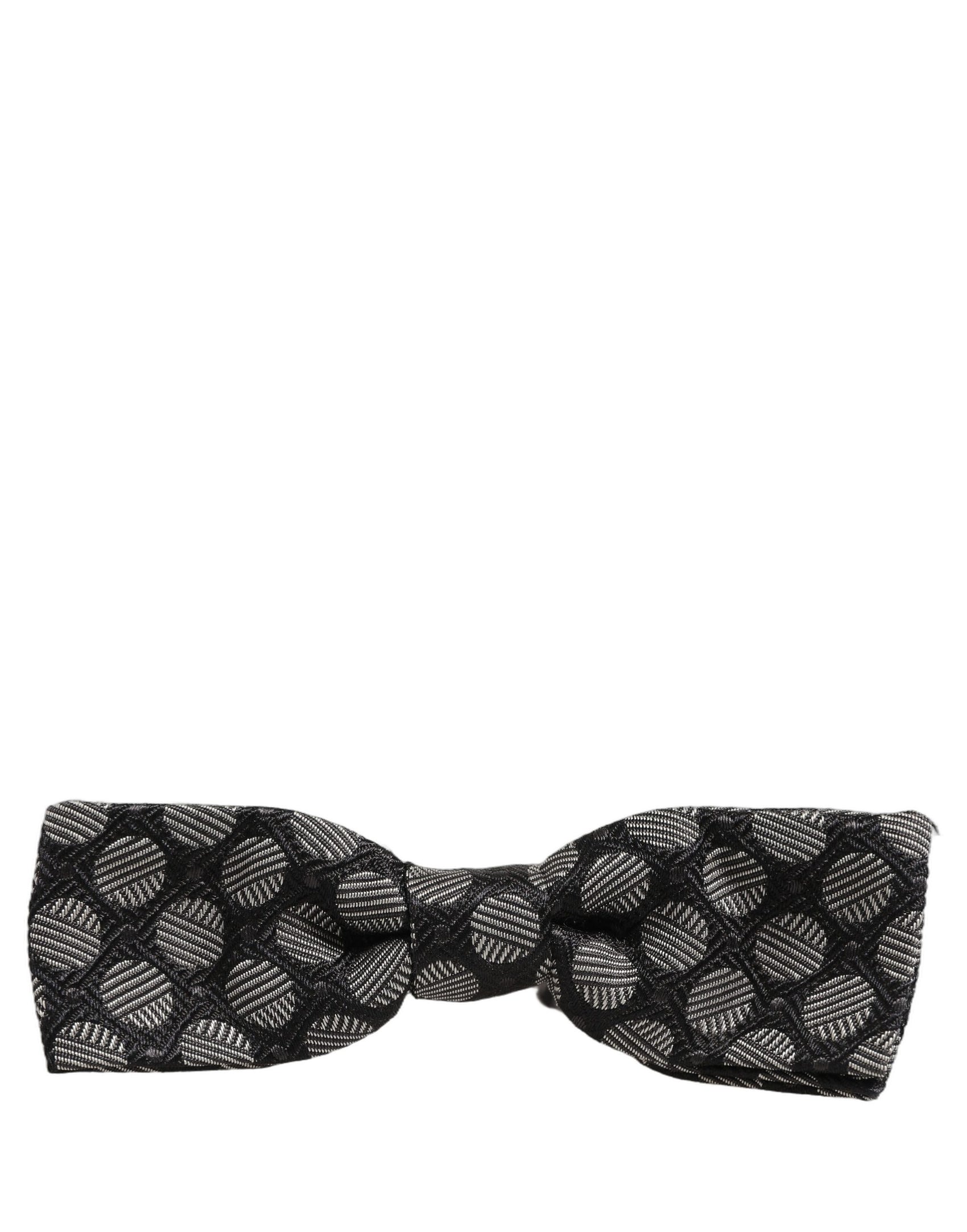 Dolce & Gabbana Black White Geometric Silk Adjustable Neck Papillon Bow Tie