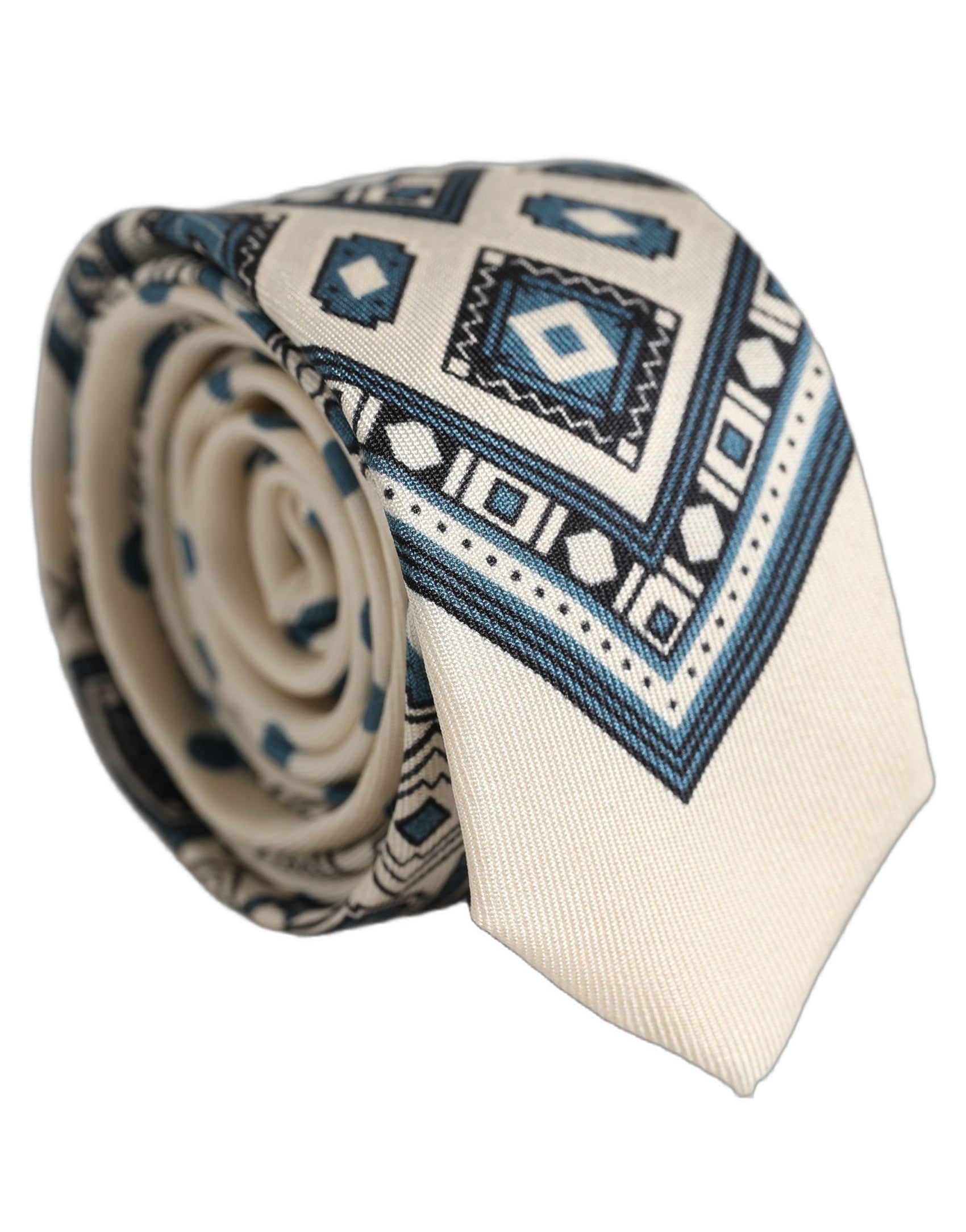Dolce & Gabbana Men Off White Blue Geometric Adjustable Tied Necktie Tie