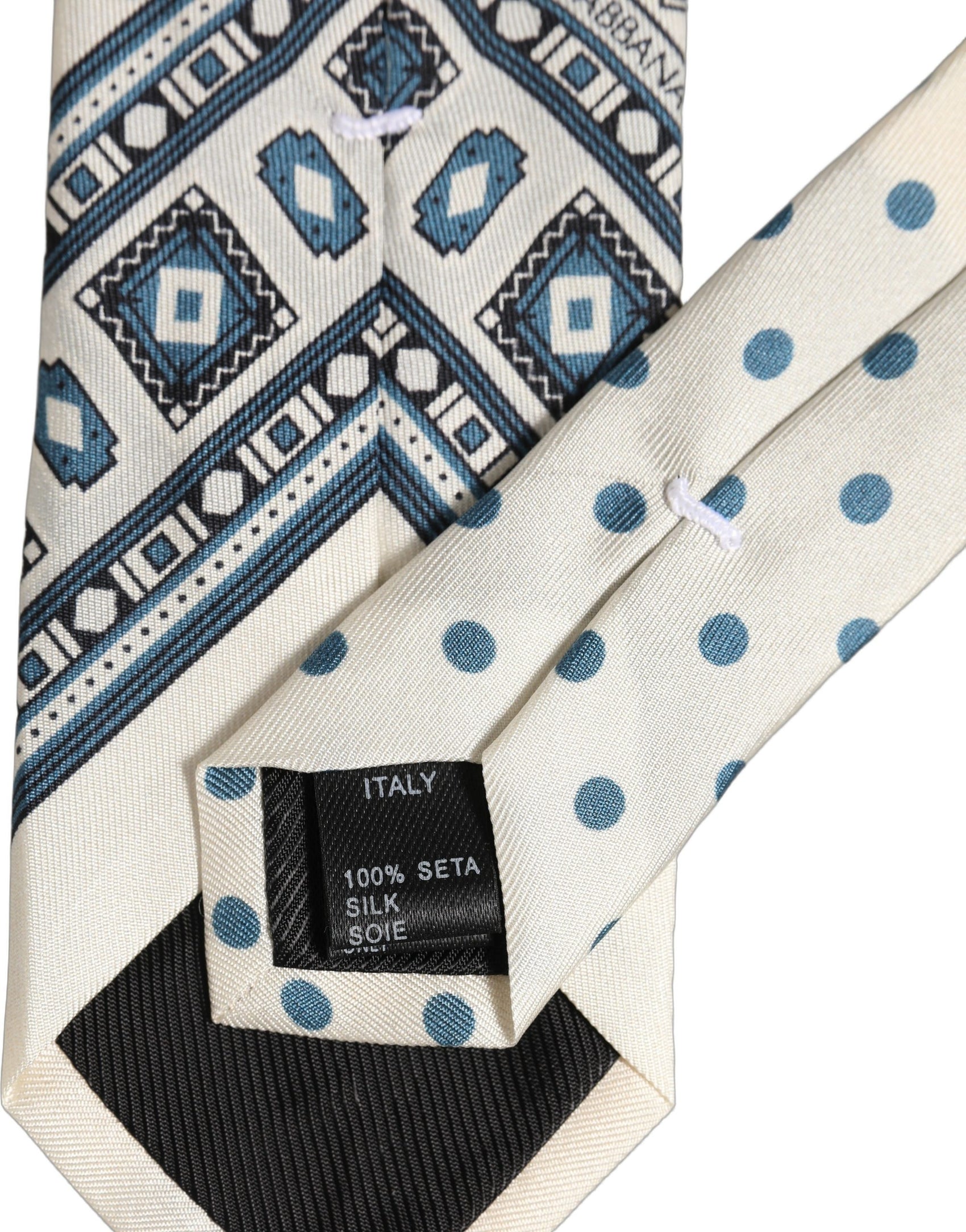 Dolce & Gabbana Men Off White Blue Geometric Adjustable Tied Necktie Tie