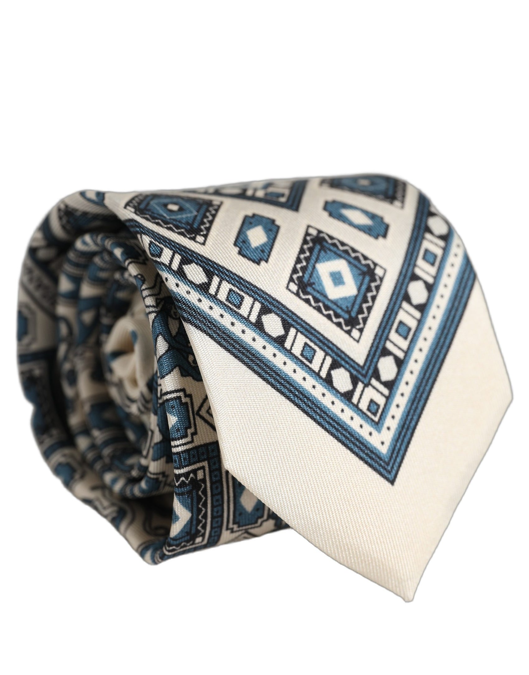 Dolce & Gabbana Men Off White Blue Geometric Adjustable Tied Necktie Tie