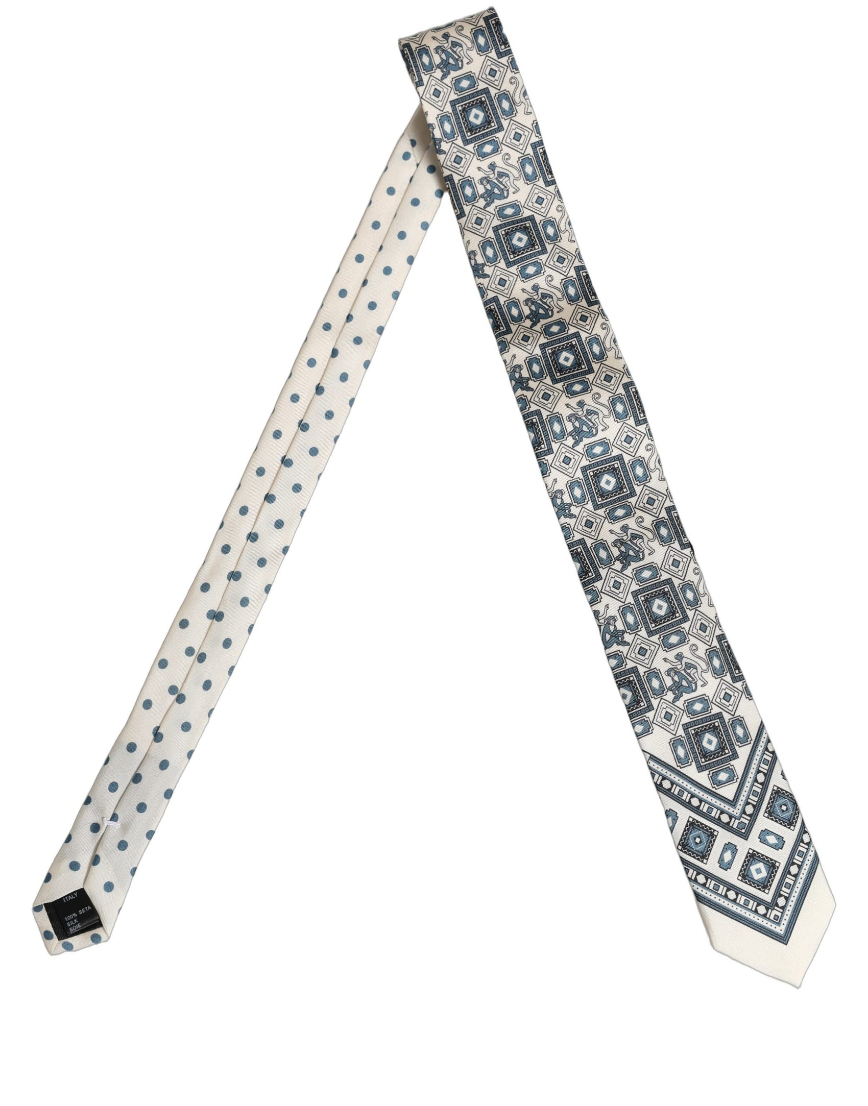Dolce & Gabbana Men Off White Blue Geometric Adjustable Tied Necktie Tie