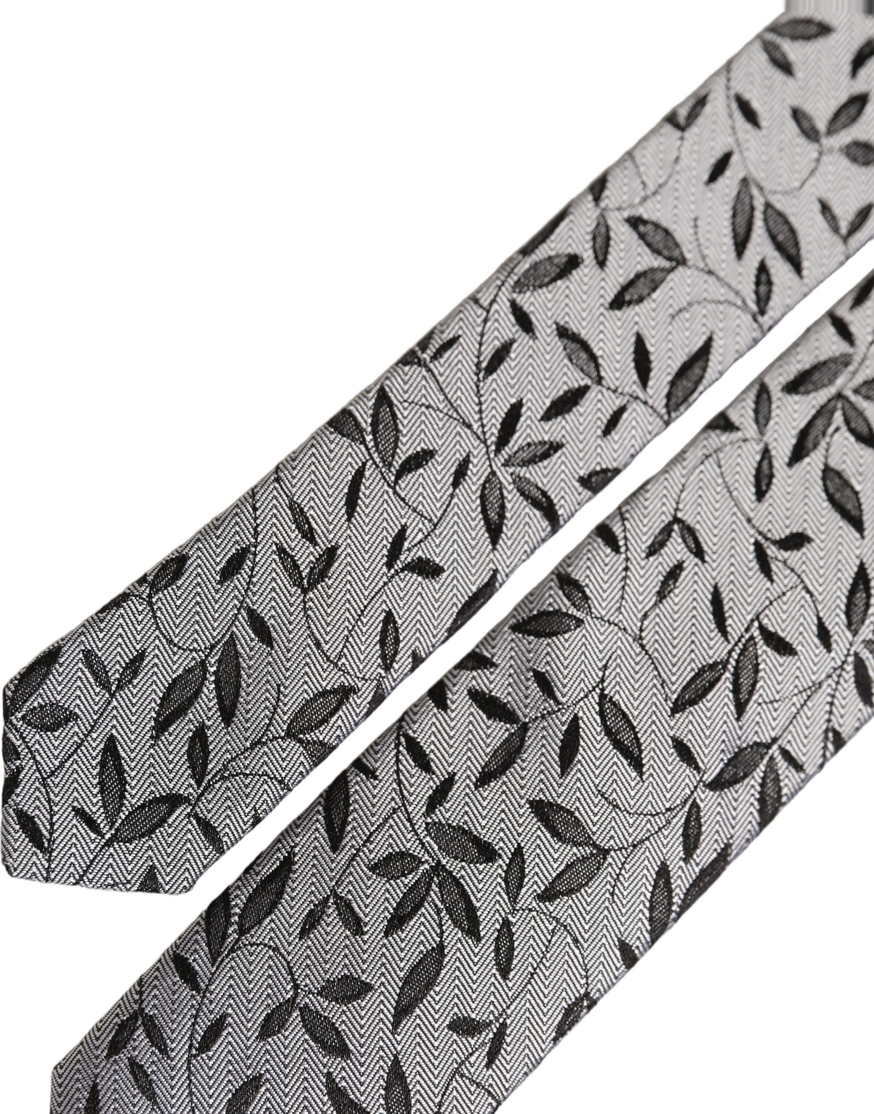 Dolce & Gabbana Men Gray Leaf Pattern Silk Adjustable Tied Necktie Tie