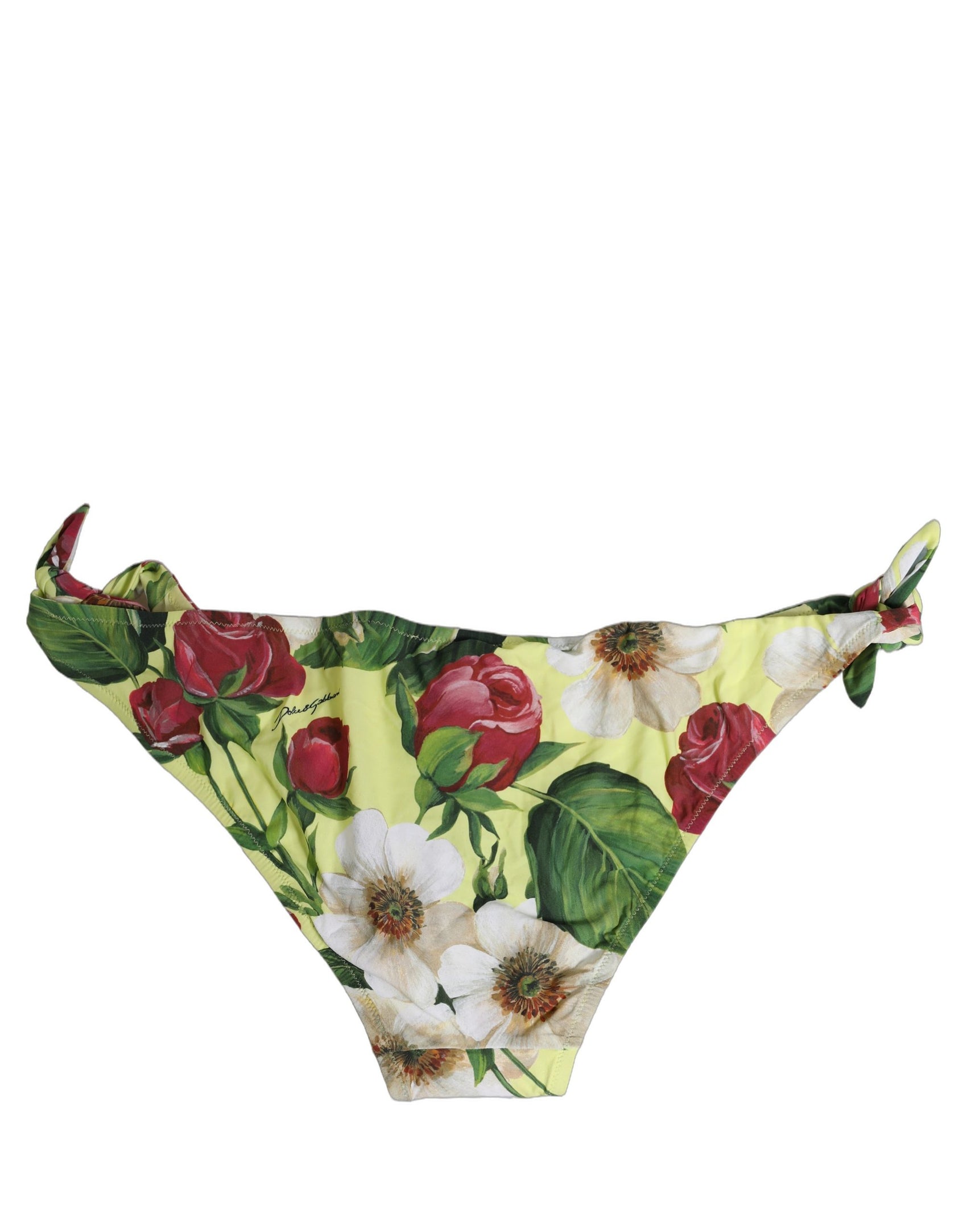 Dolce & Gabbana Yellow Floral Print Nylon Beachwear Bikini Bottom