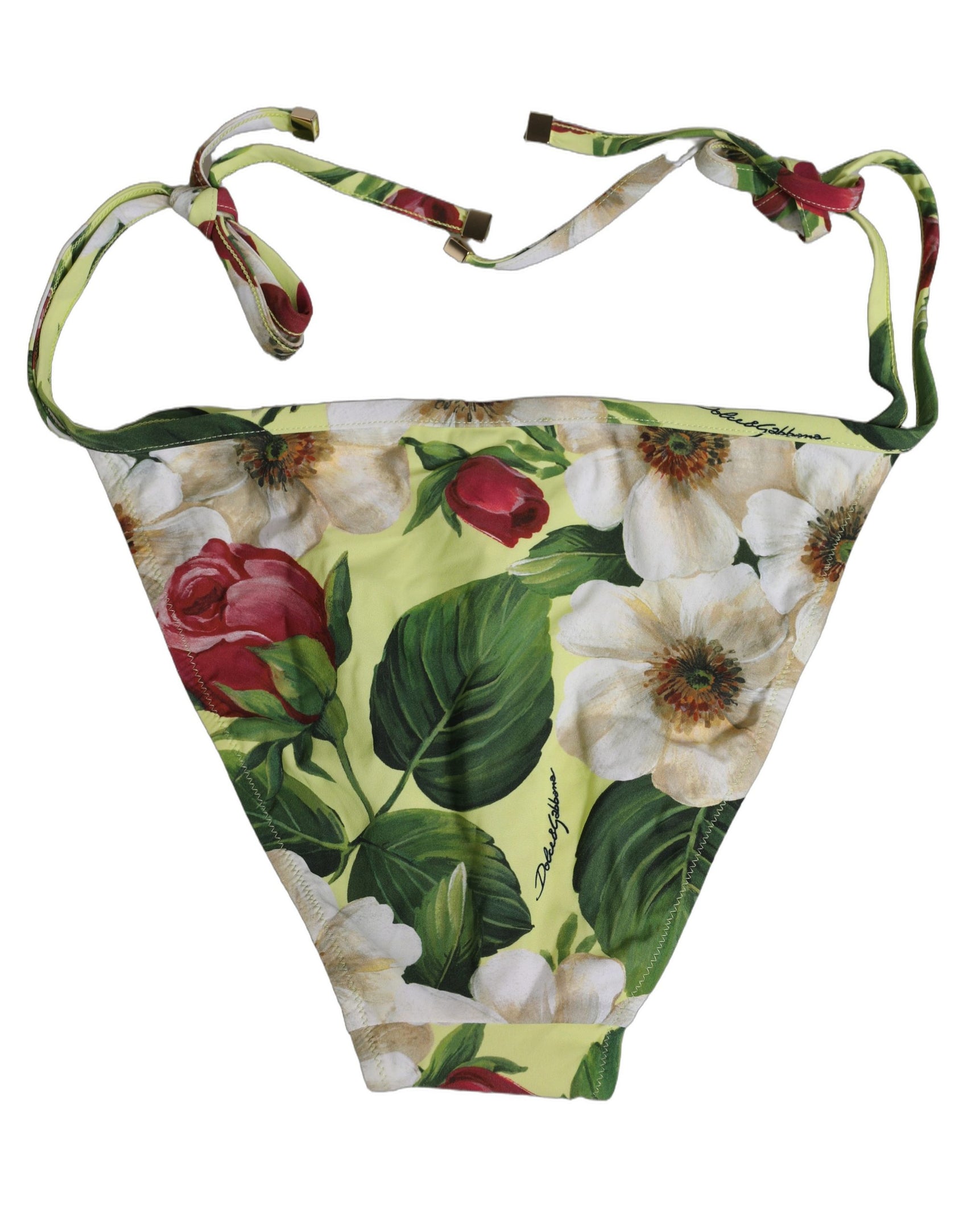 Dolce & Gabbana Yellow Floral Print Nylon Beachwear Bikini Bottom