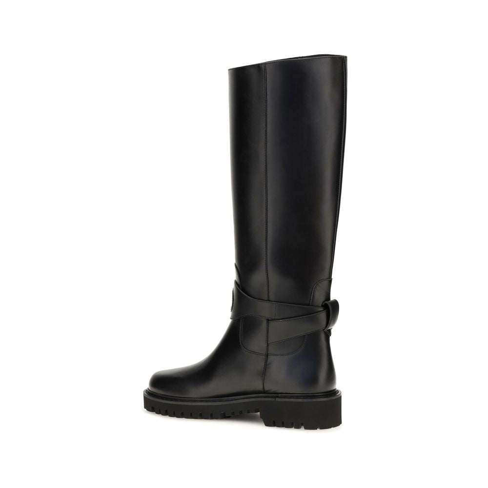 Valentino Garavani Black Calf Leather Bos Taurus Flat Boots