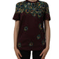 Dolce & Gabbana Burgundy Peacock Feather Round Neck T-shirt