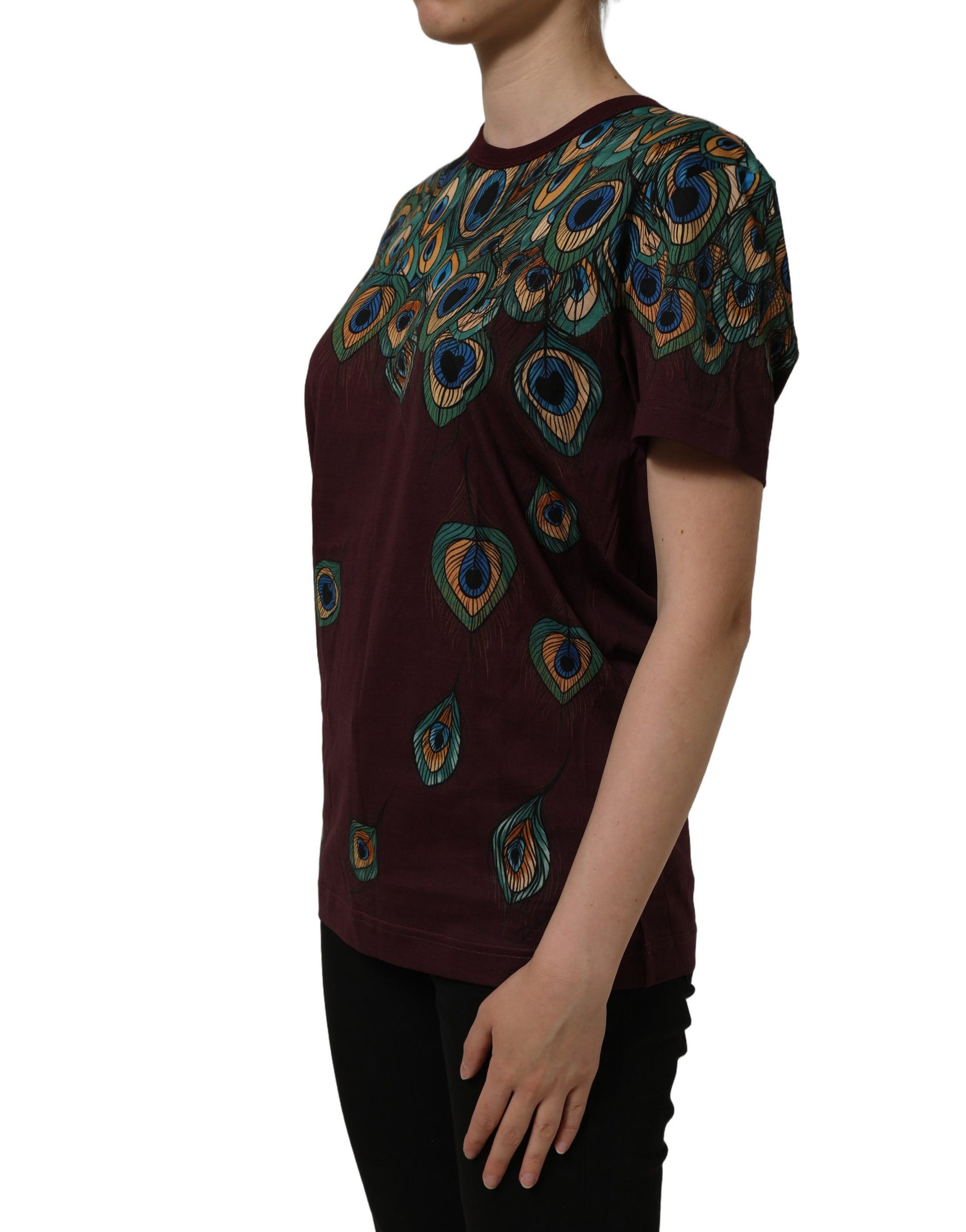 Dolce & Gabbana Burgundy Peacock Feather Round Neck T-shirt