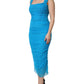 Dolce & Gabbana Blue Ruched Tulle Midi Square Neck Dress