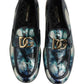 Dolce & Gabbana Metallic Blue Silver Leather DG Loafers Shoes