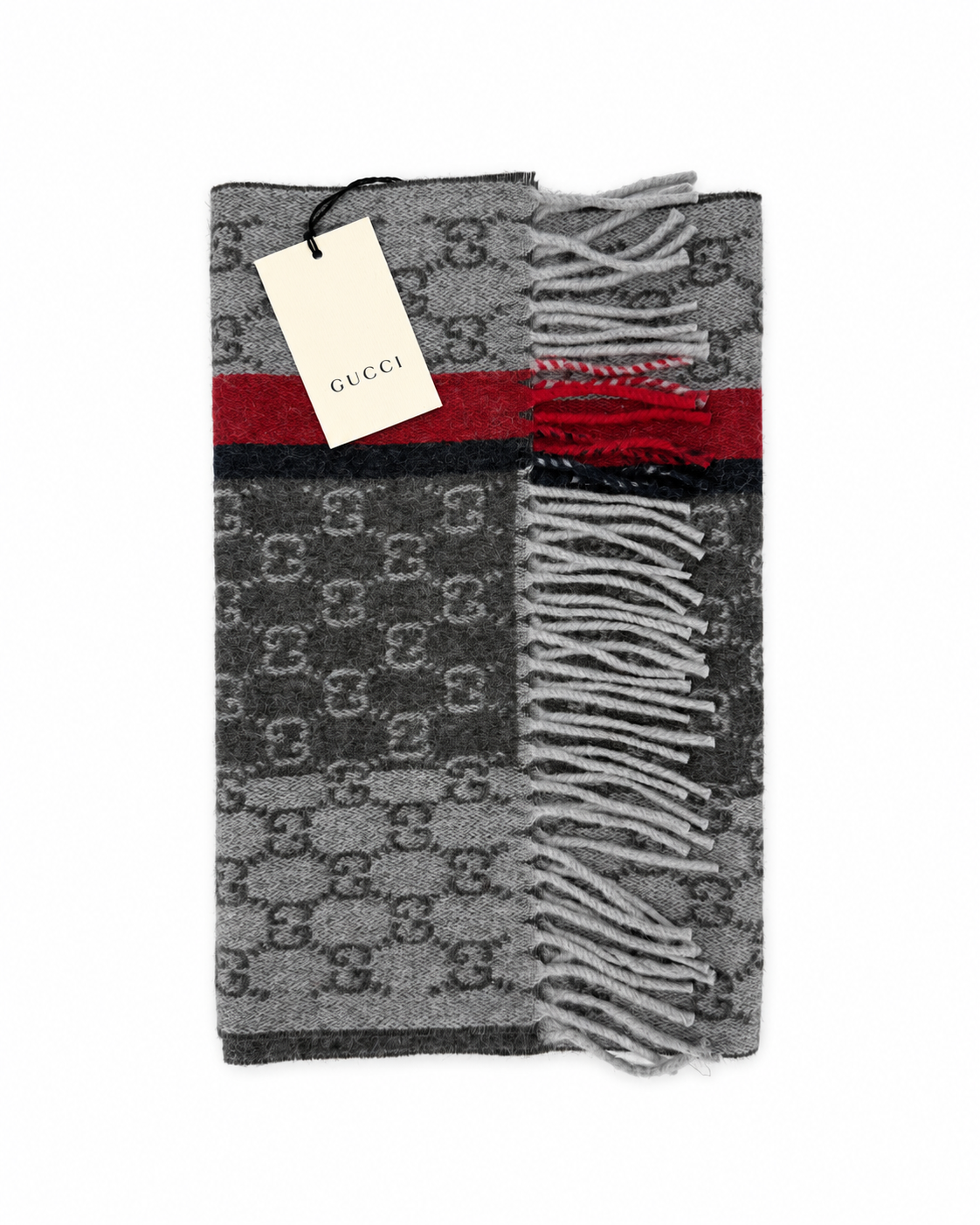 Gucci Monogram Grey Cashmere & Wool Scarf with Red & Black Stripe