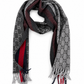 Gucci Monogram Charcoal Grey Cashmere & Wool Scarf with Red & Navy Stripe