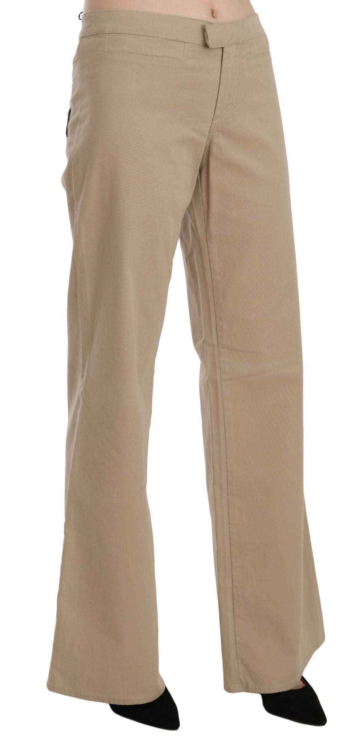 Beigefarbene Luxus-Hose mit mittelhohem Bund und ausgestelltem Bein