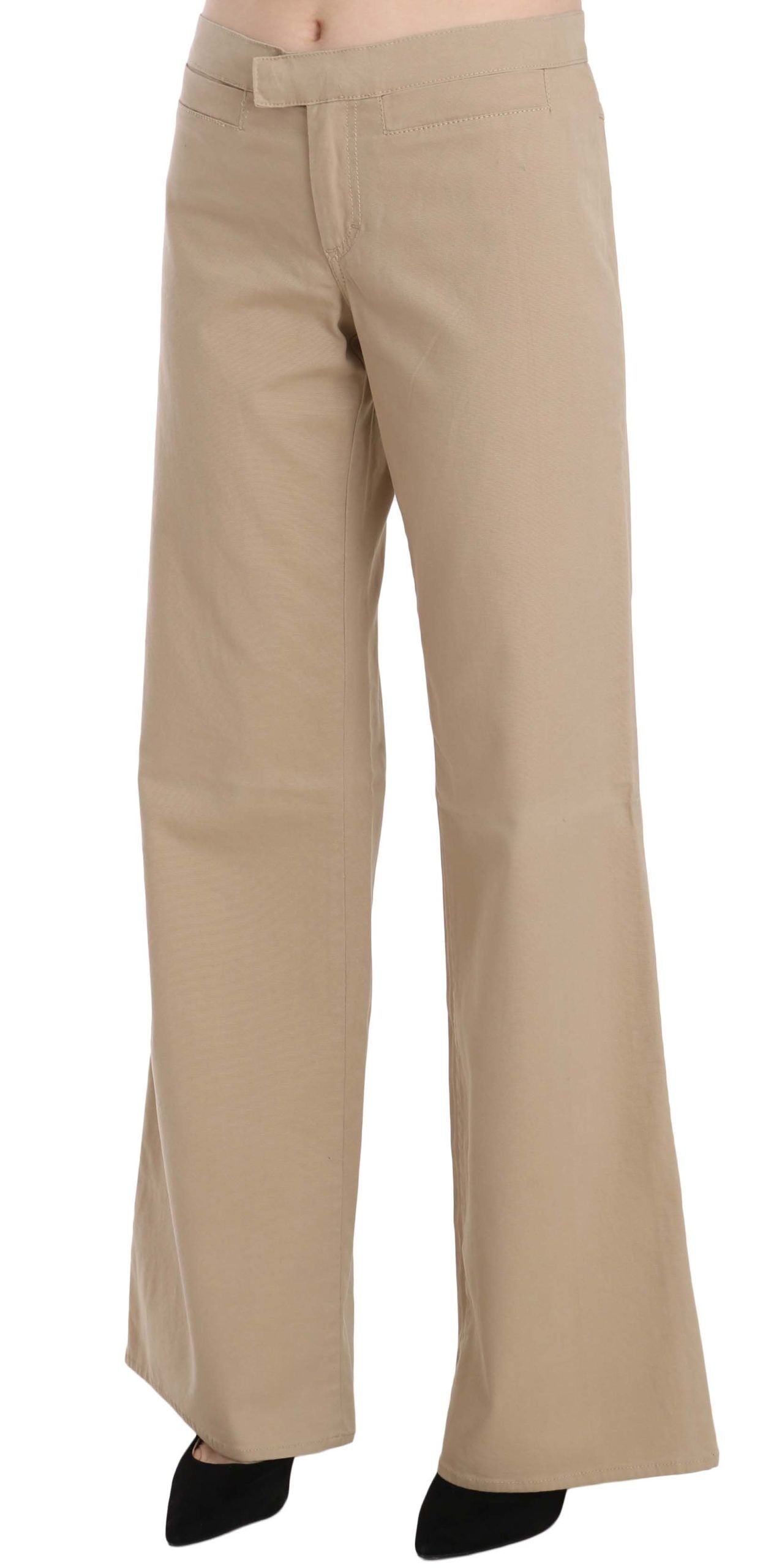 Beigefarbene Luxus-Hose mit mittelhohem Bund und ausgestelltem Bein
