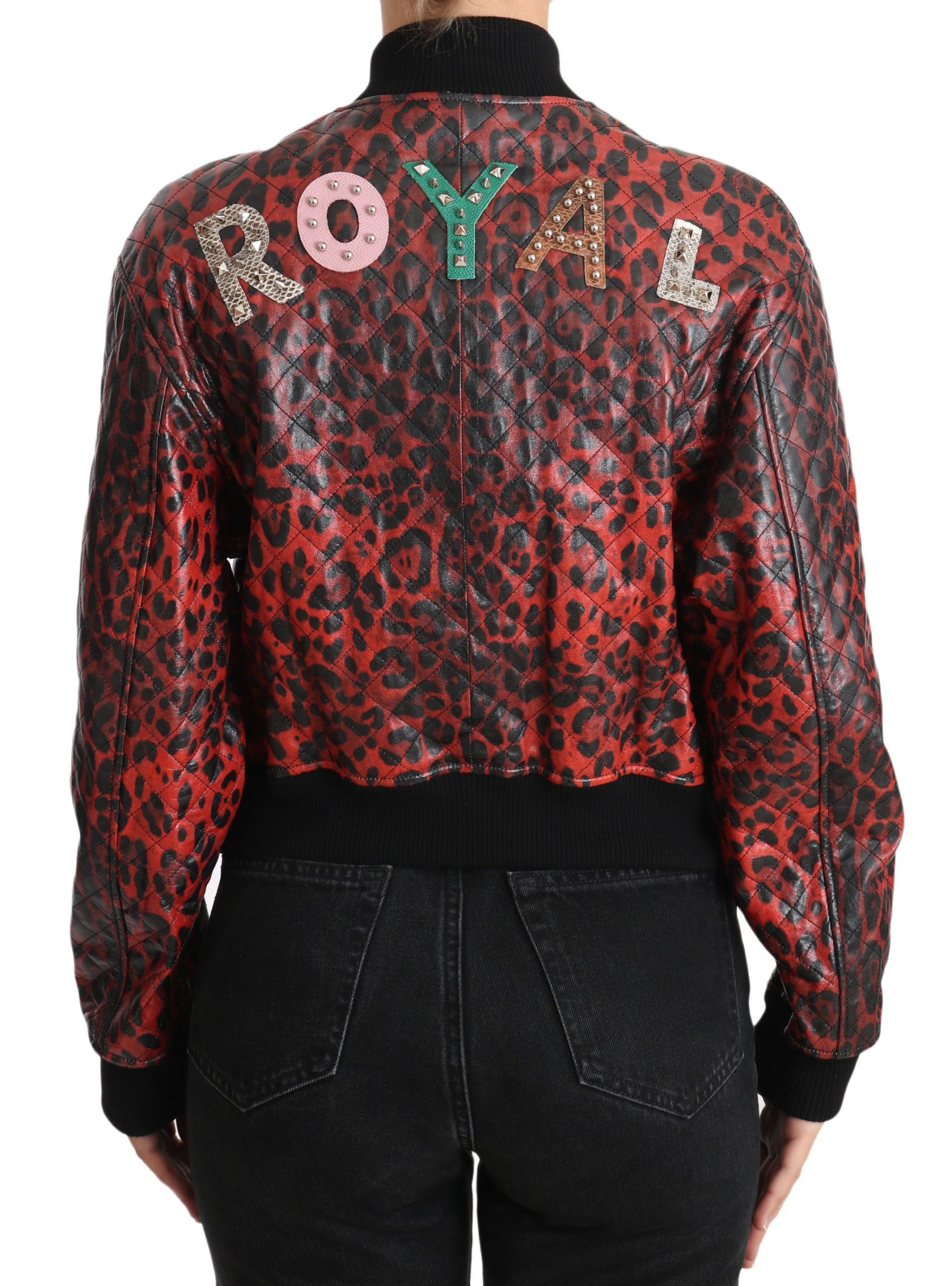 Giacca in pelle bomber leopardata rossa con bottoni in cristallo