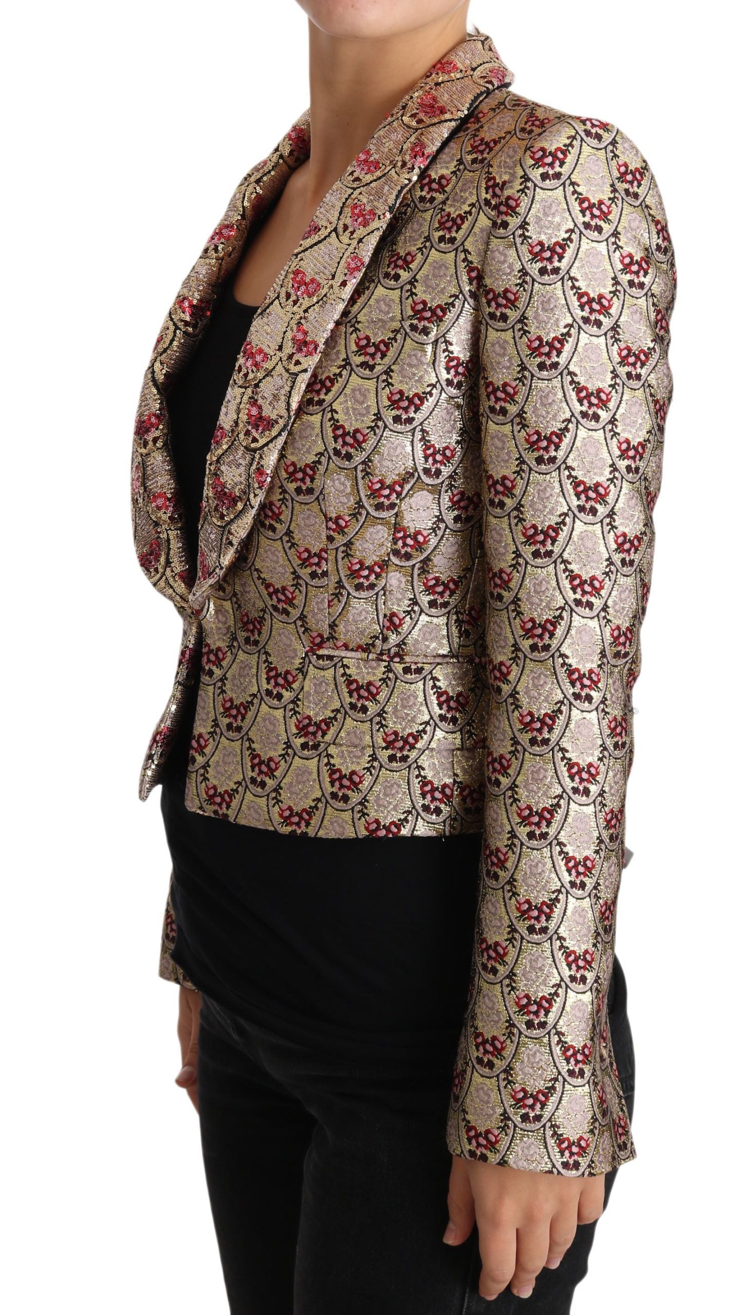 Giacca blazer con paillettes floreali dorate scintillanti