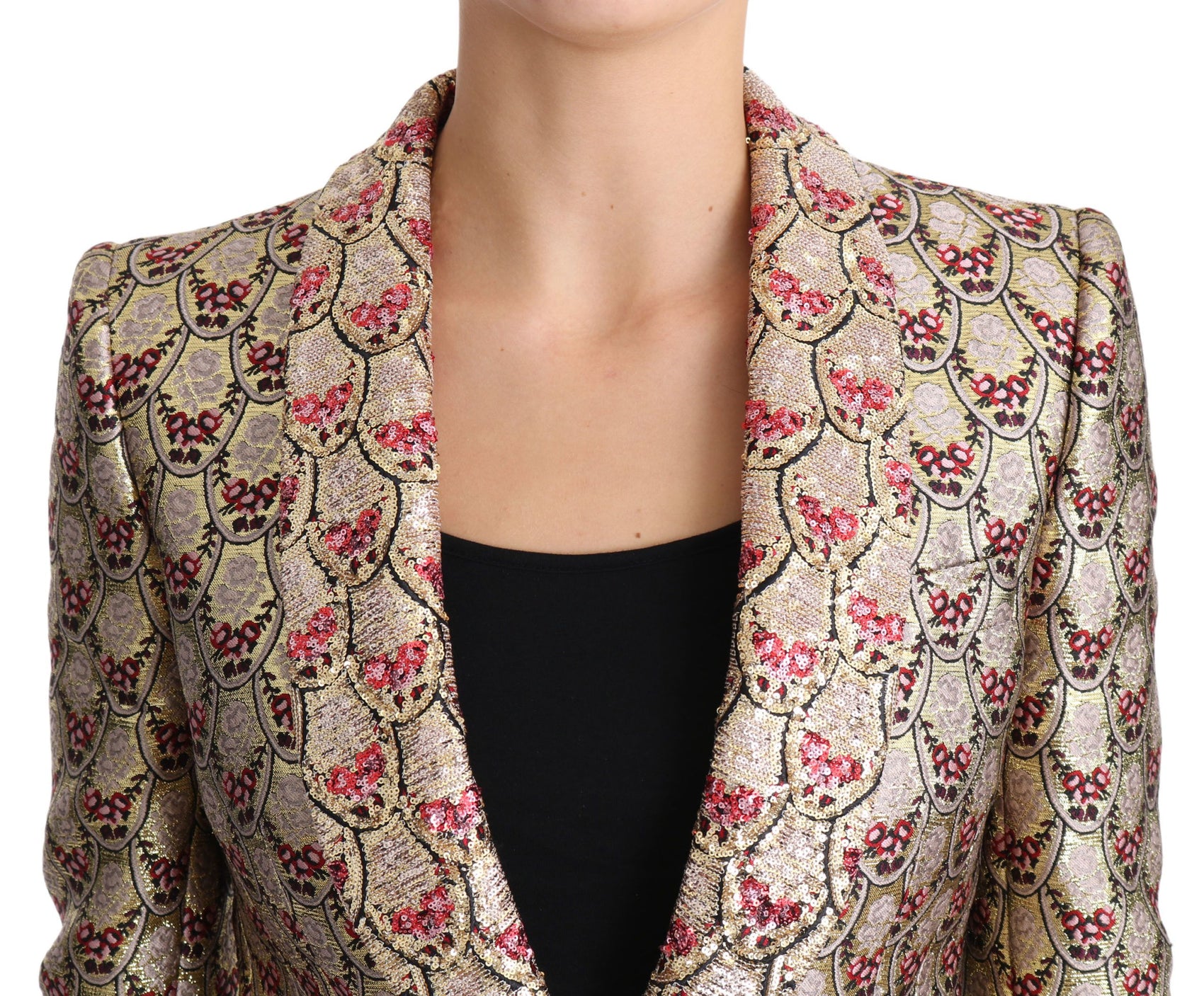 Giacca blazer con paillettes floreali dorate scintillanti