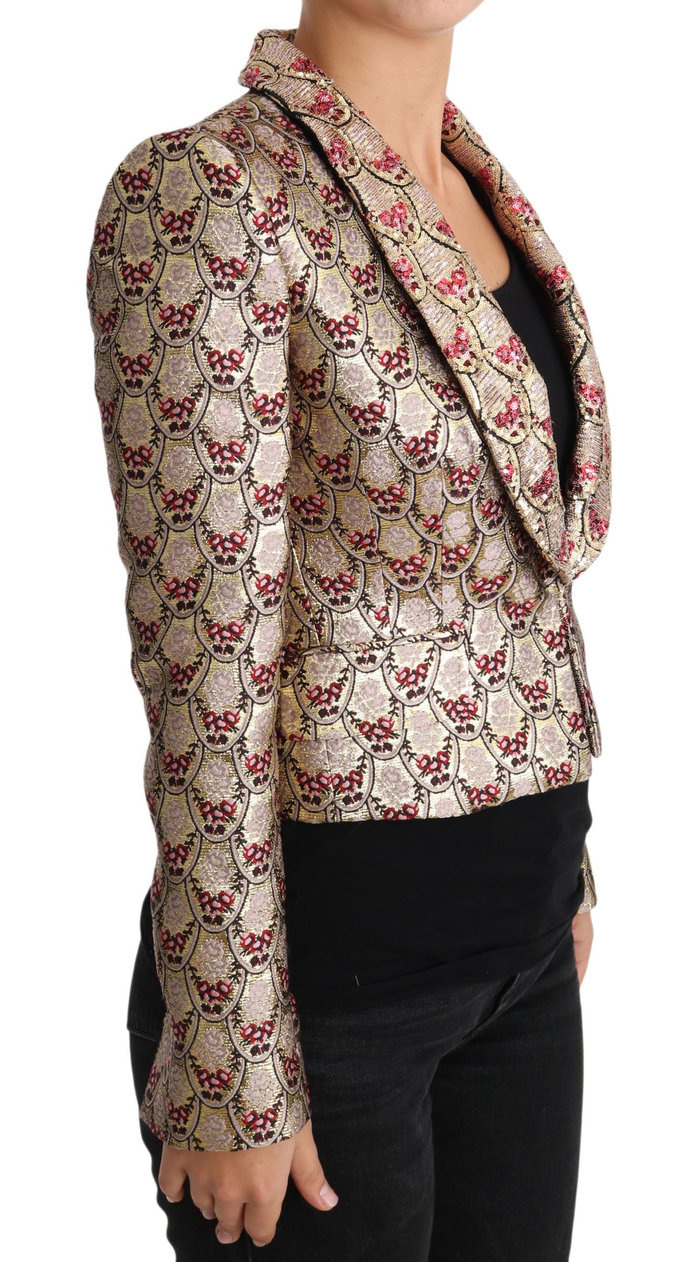 Giacca blazer con paillettes floreali dorate scintillanti