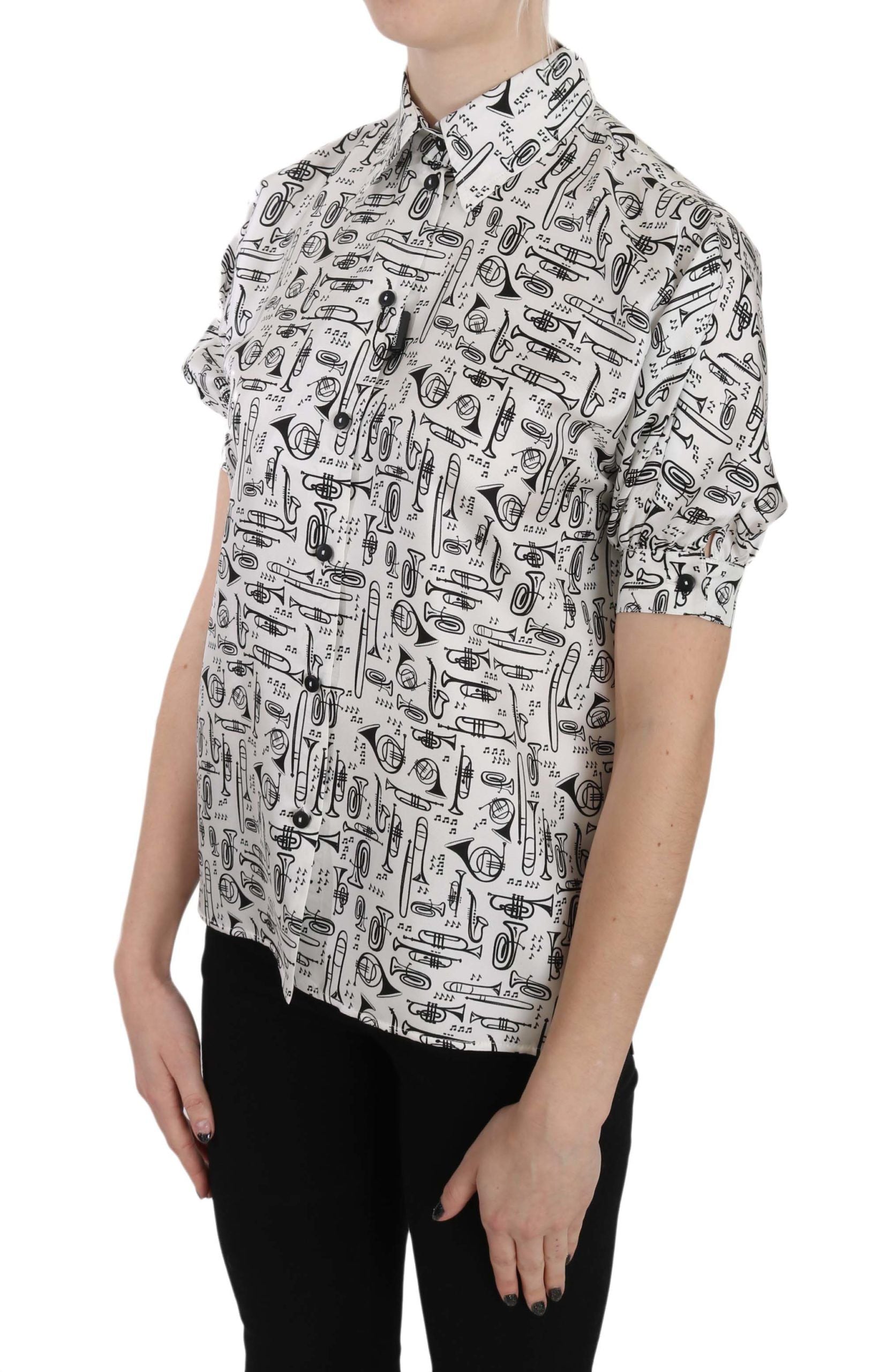 Elegante camicetta in seta con stampa a tromba