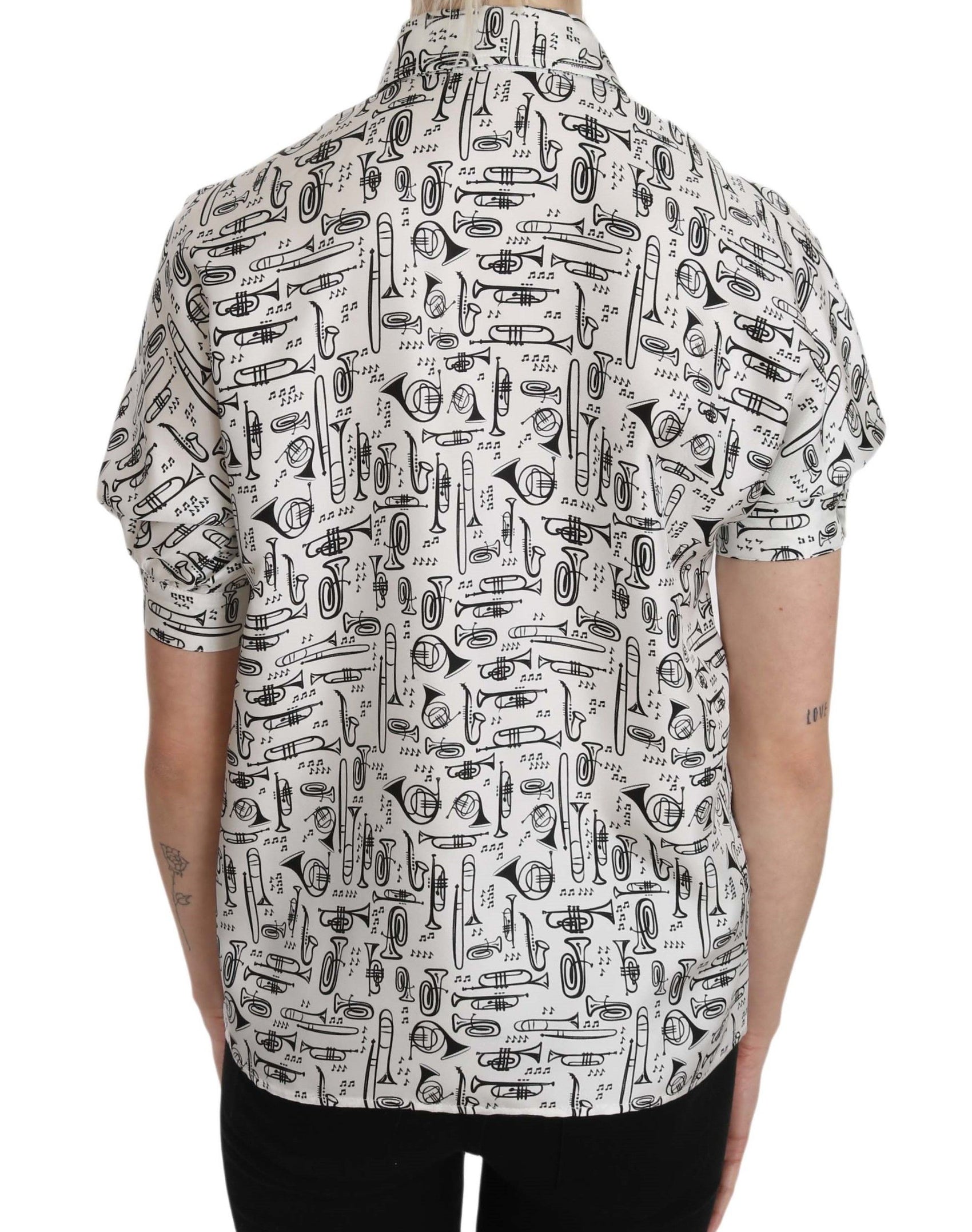 Elegante camicetta in seta con stampa a tromba