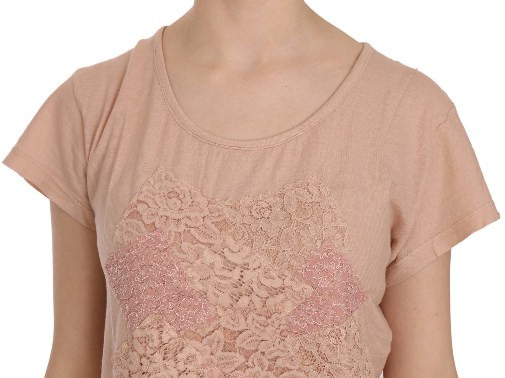 Elegante camicetta in pizzo color crema con scollo rotondo