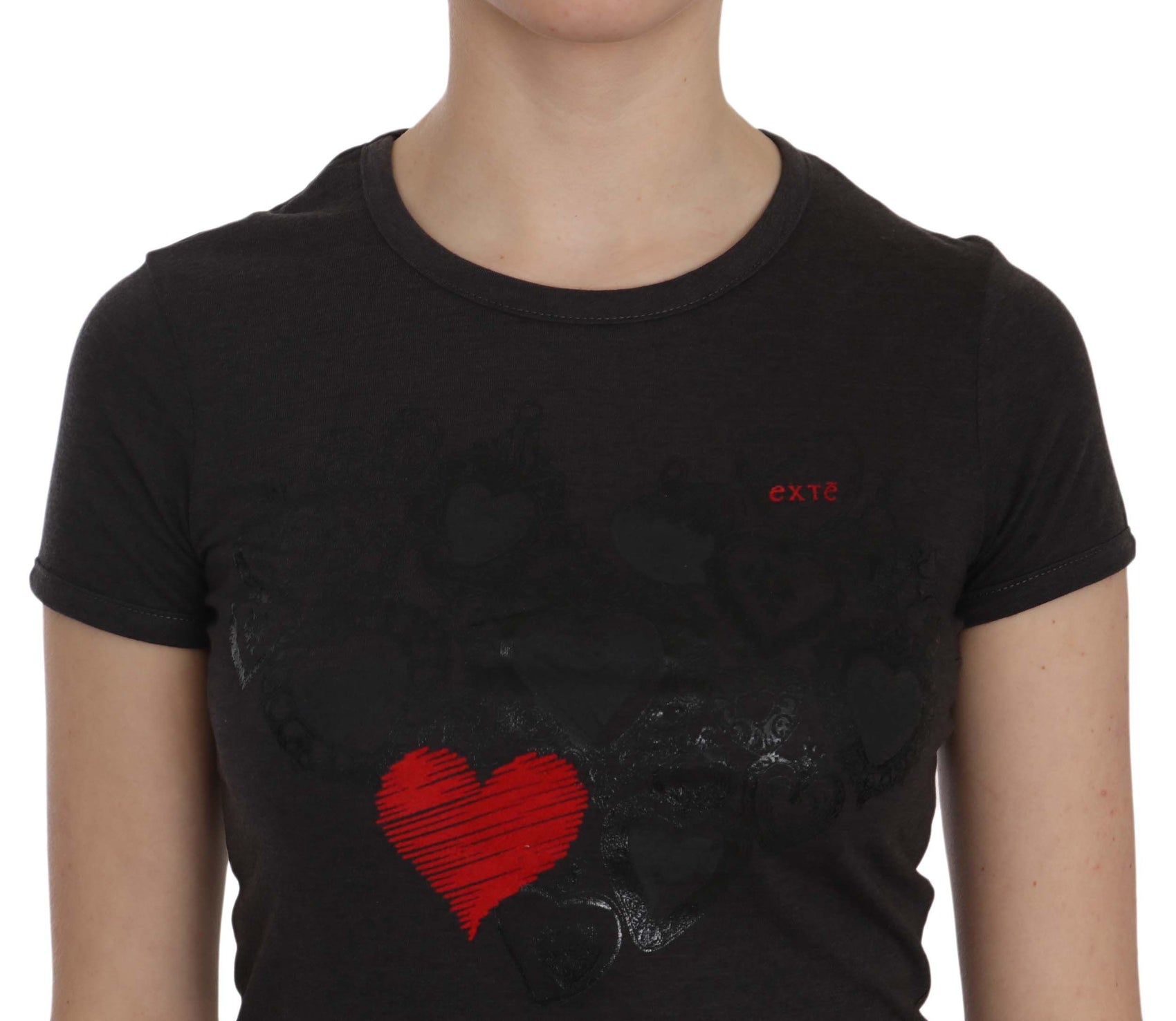 Schwarze Bluse mit Rundhalsausschnitt und Herz-Print