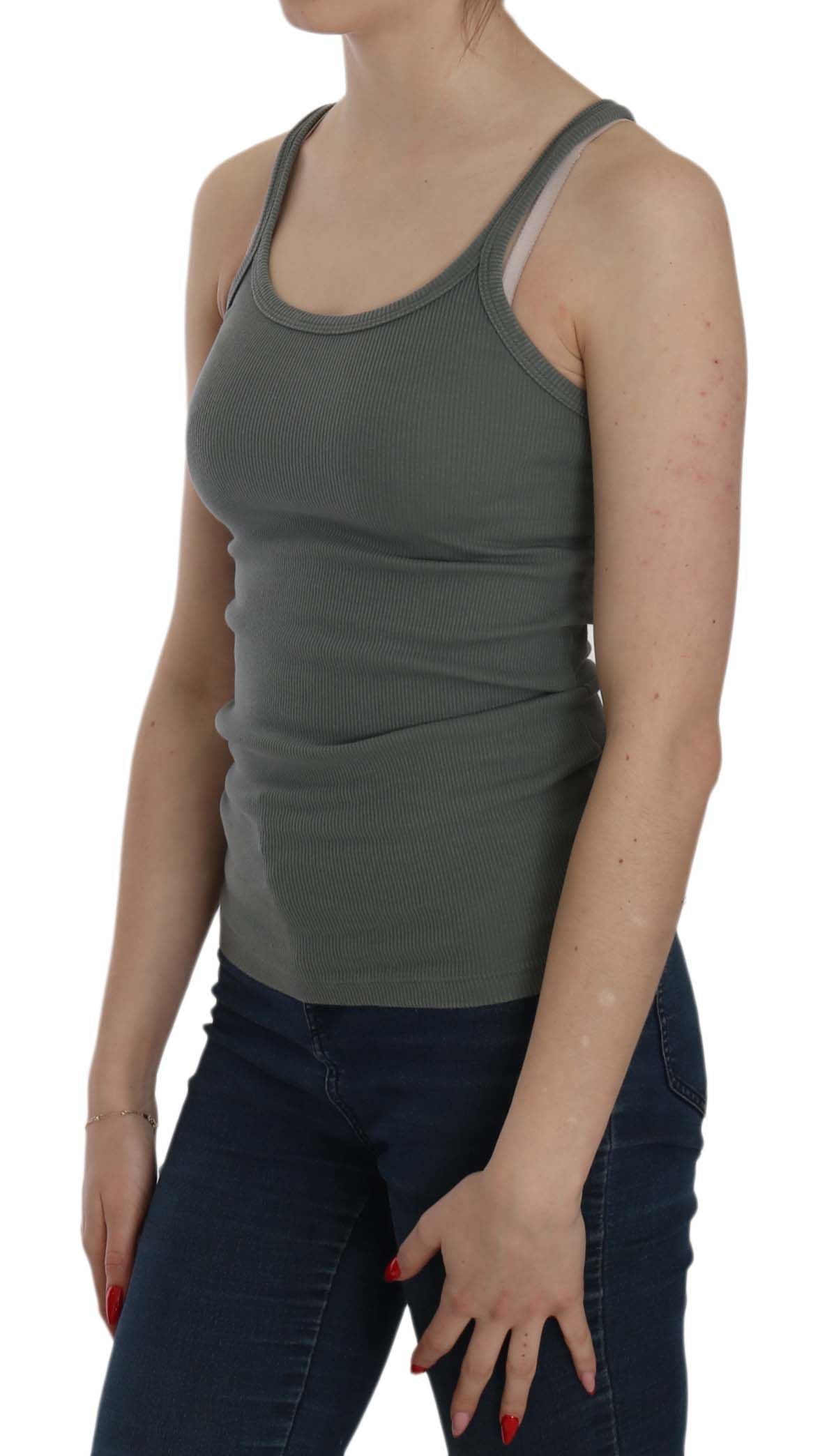 Elegante ärmellose Bluse aus grüner Baumwolle mit Rundhalsausschnitt