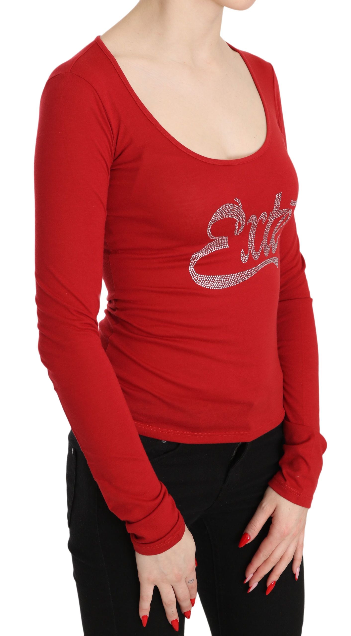 Rotes, mit Kristallen verziertes Langarmtop