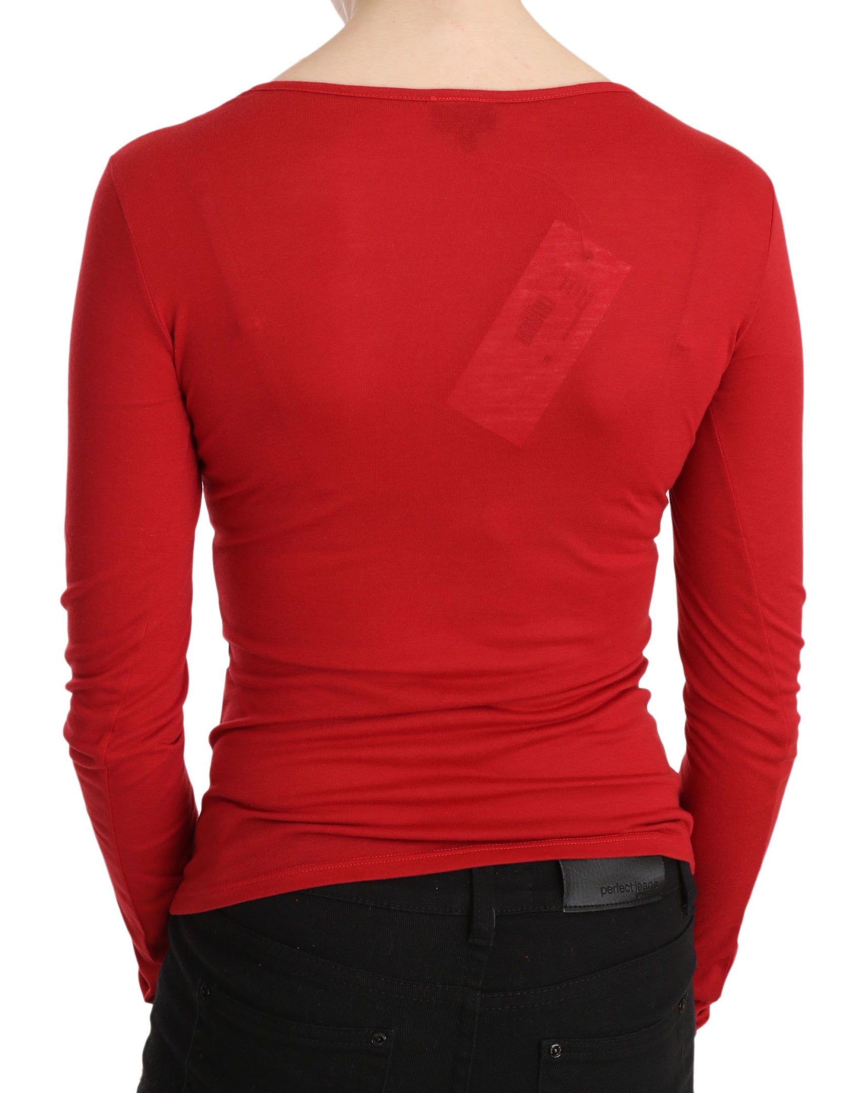 Rotes, mit Kristallen verziertes Langarmtop