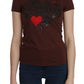 Chic Brown Heart Print Crew Neck Top