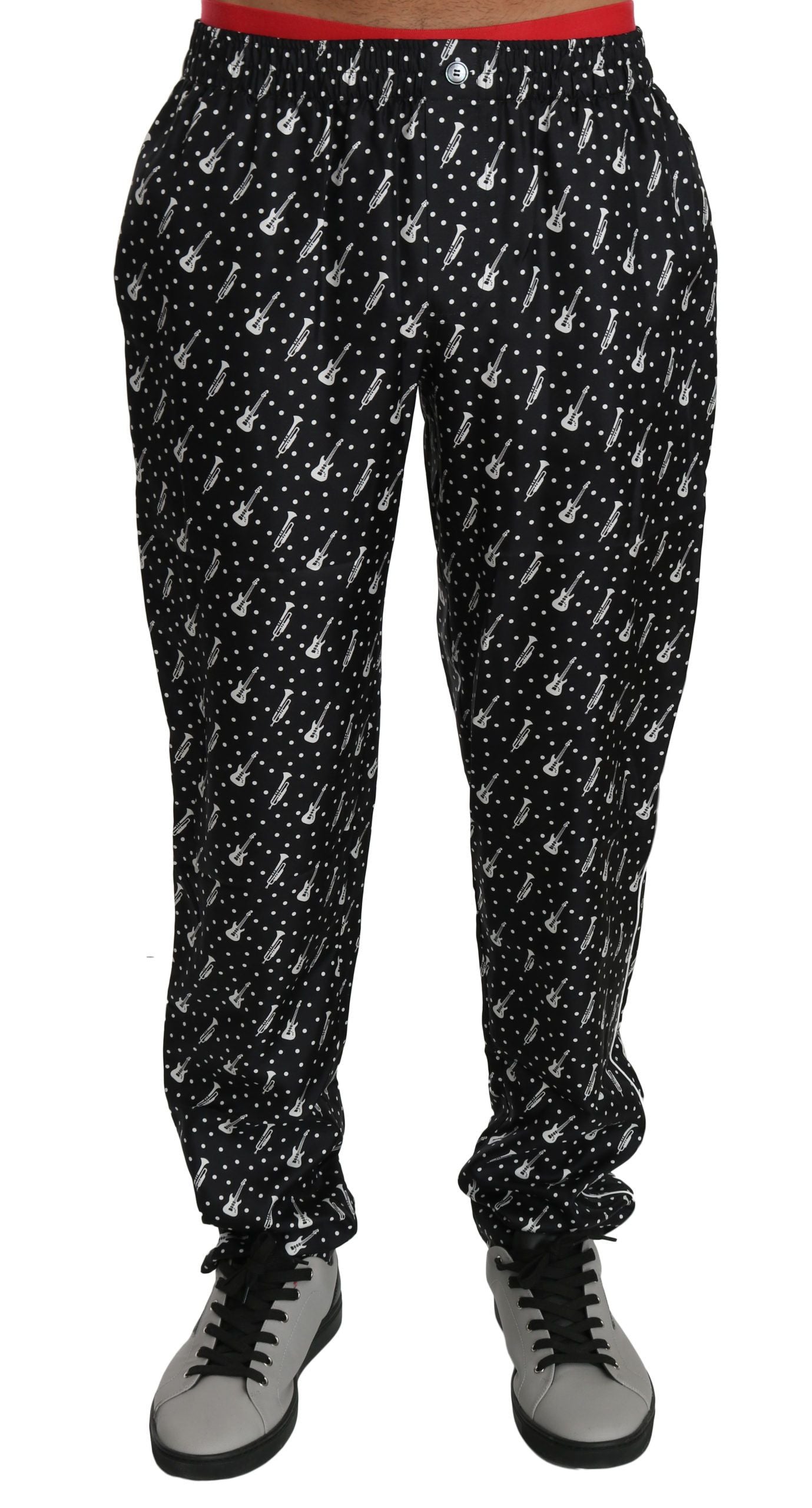 Elegante schwarze Seidenhose mit Musikinstrumenten-Print