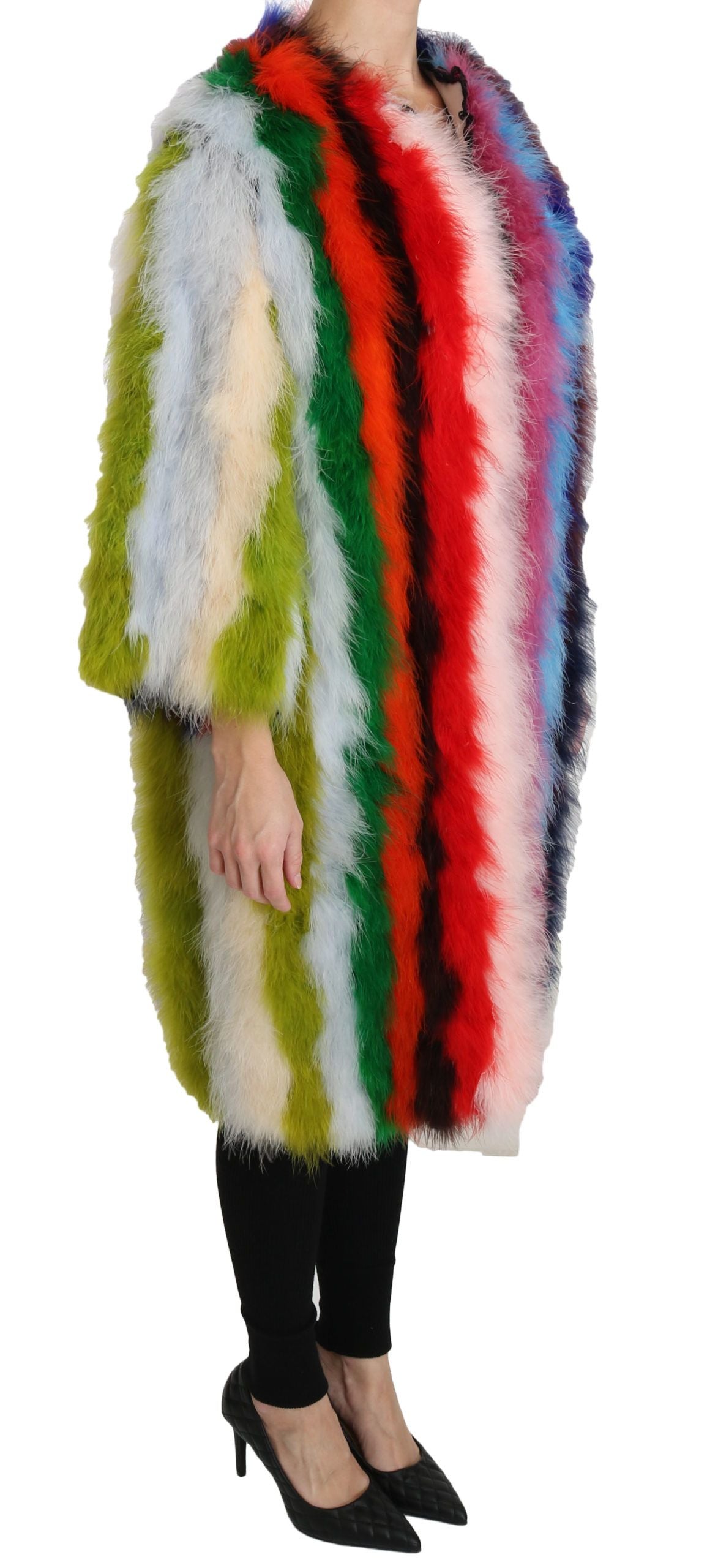 Elegante giacca lunga con piume multicolor