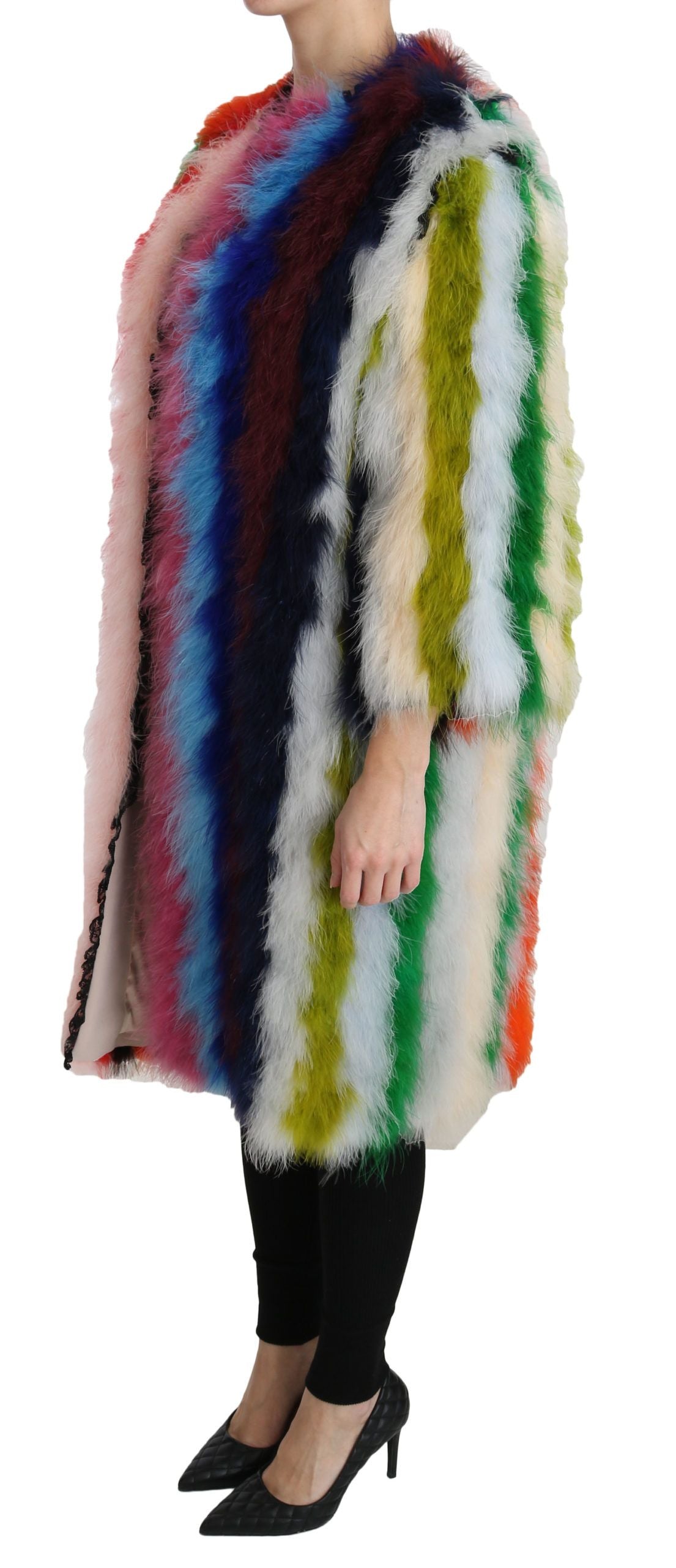 Elegante giacca lunga con piume multicolor