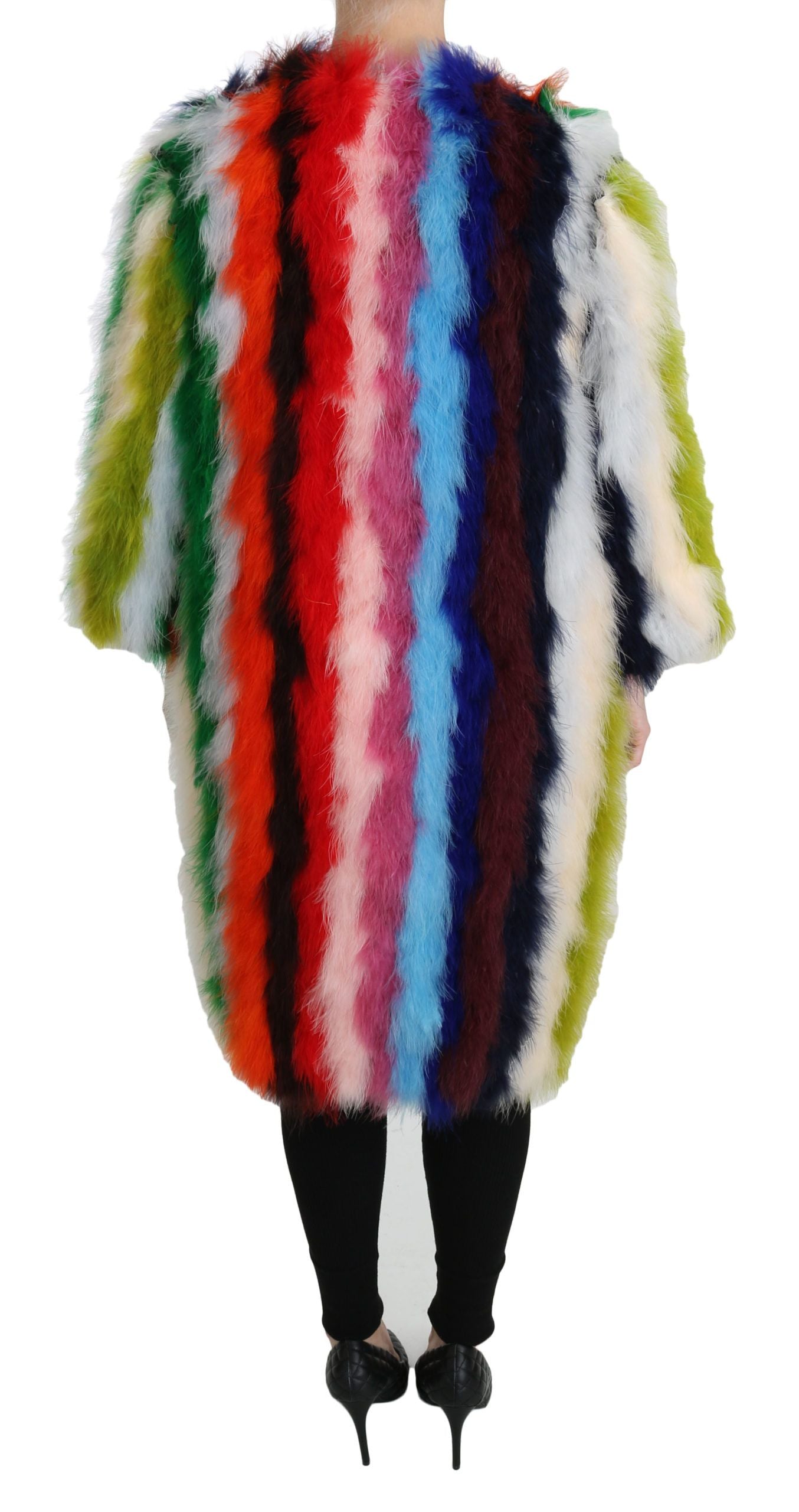 Elegante giacca lunga con piume multicolor