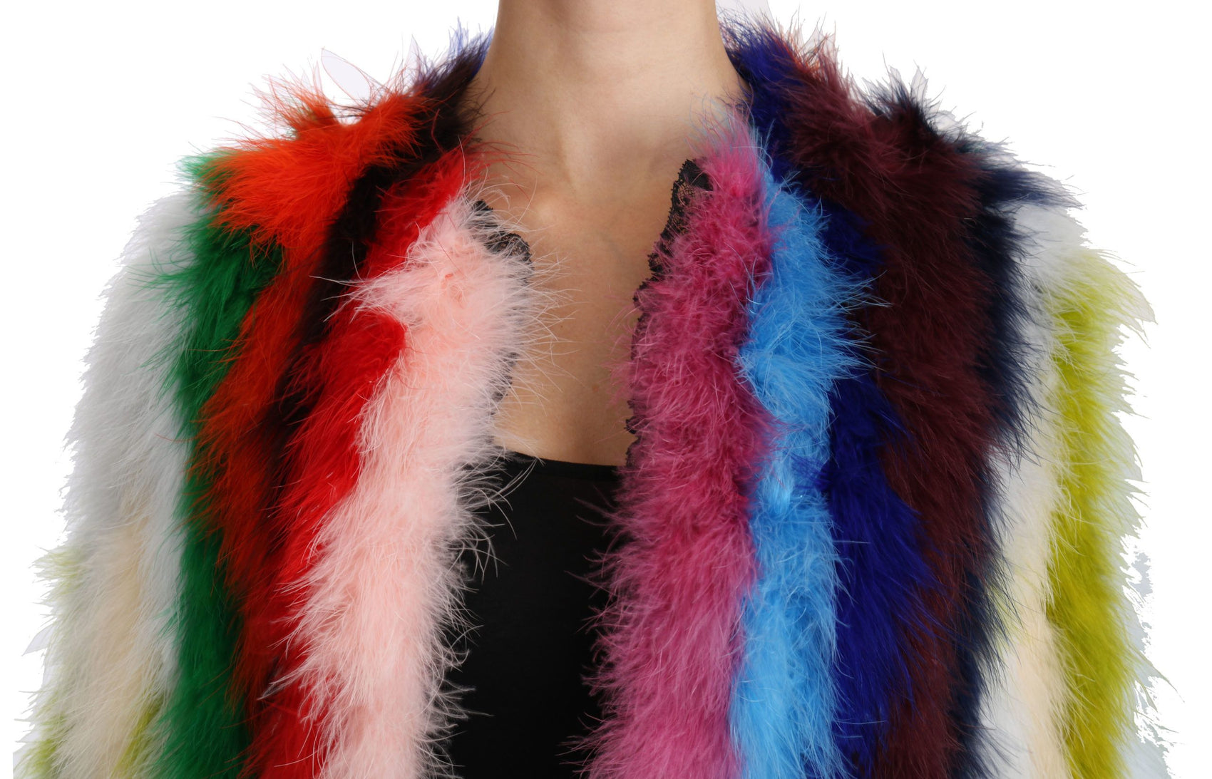 Elegante giacca lunga con piume multicolor