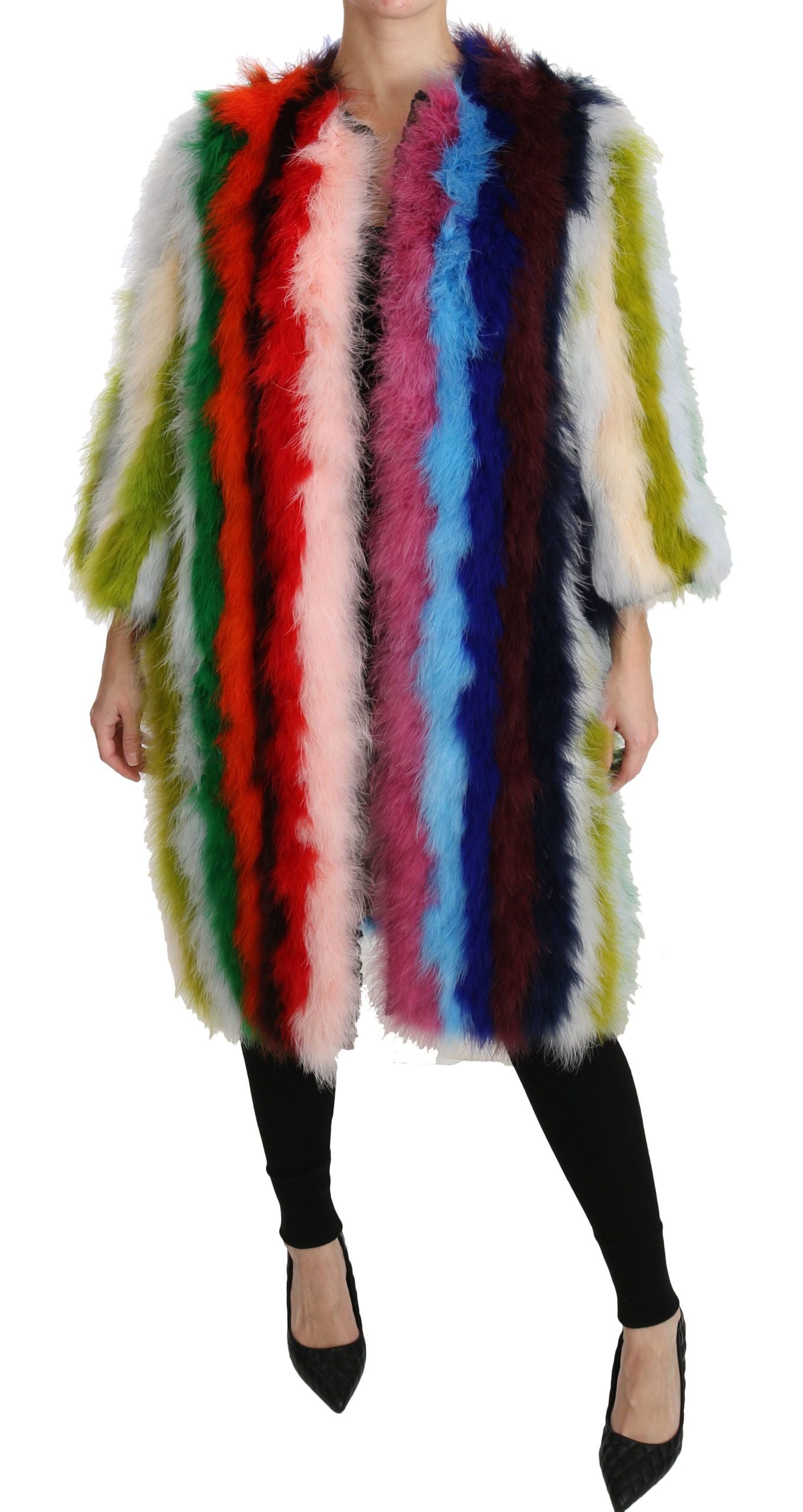 Elegante giacca lunga con piume multicolor