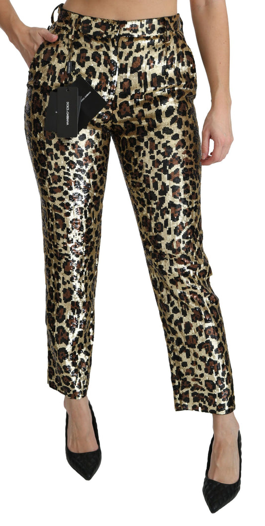 Pantaloni eleganti a vita alta con paillettes leopardate