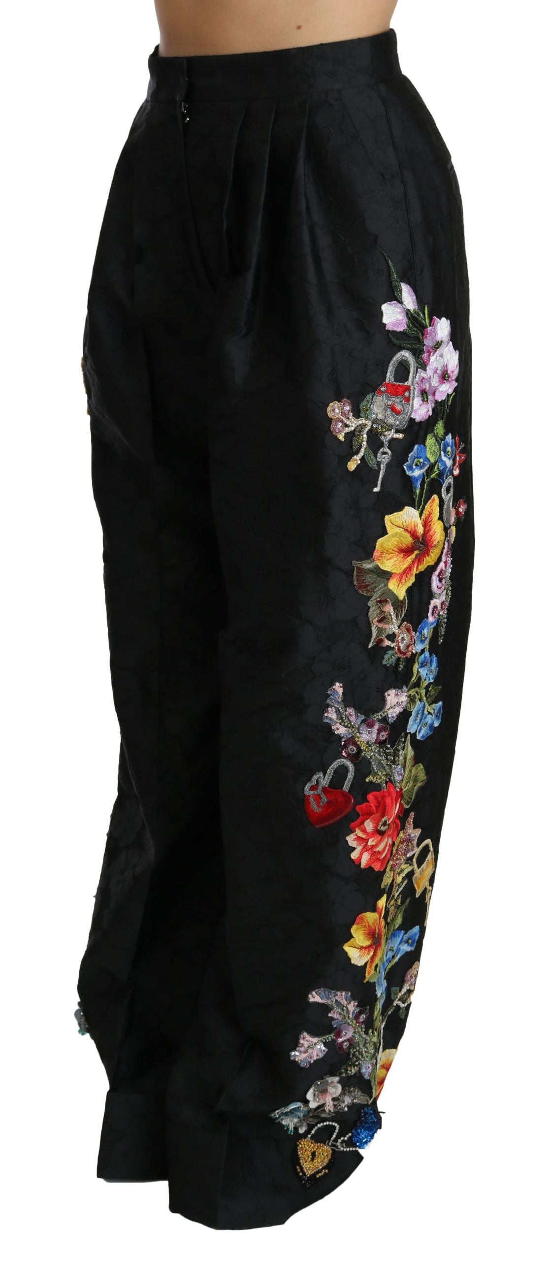 Elegante Hose mit weitem Bein und hoher Taille und Blumenmuster