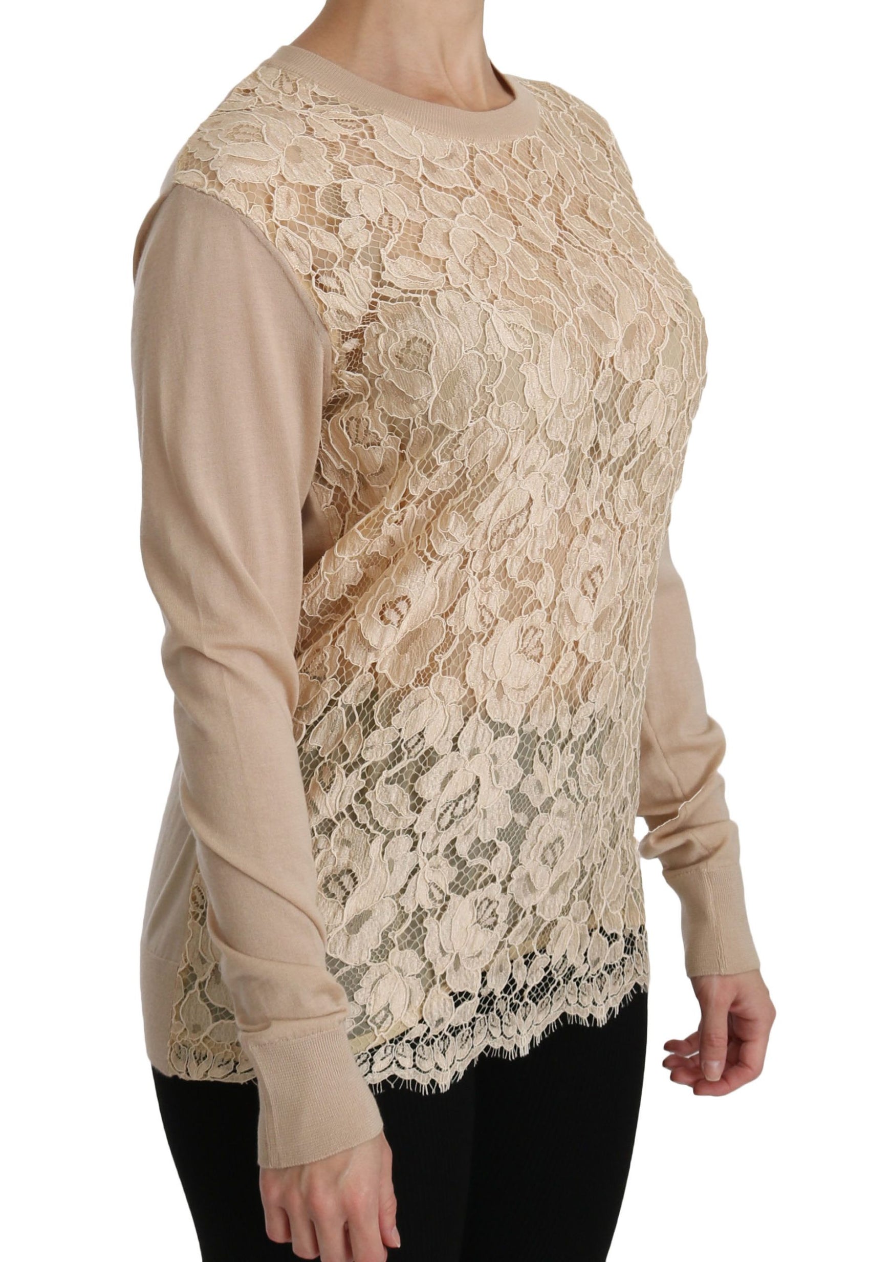 Elegante camicetta in cashmere con scollo a giro in pizzo beige