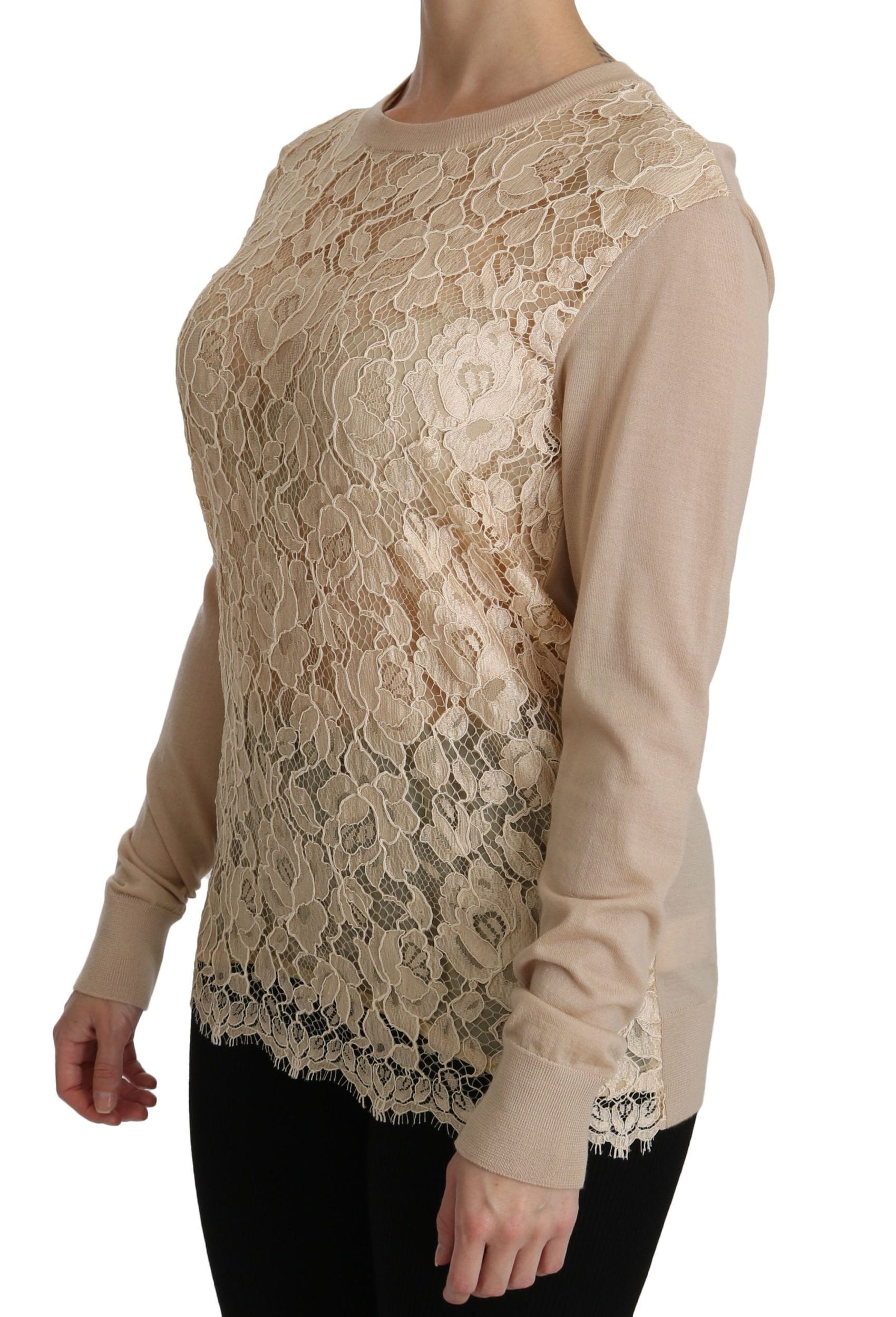 Elegante camicetta in cashmere con scollo a giro in pizzo beige