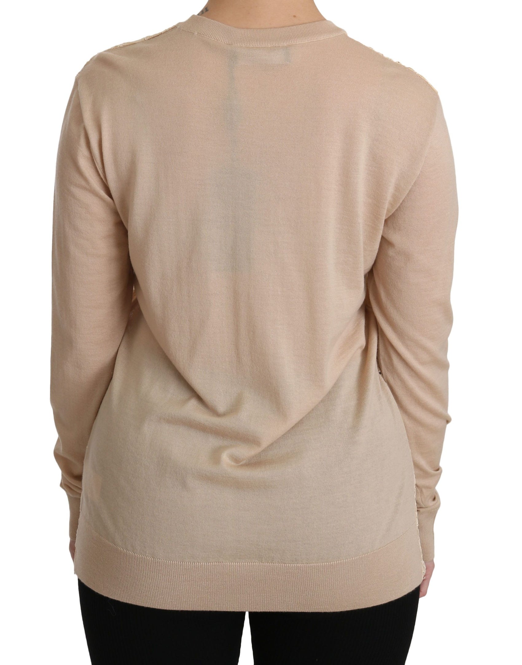 Elegante camicetta in cashmere con scollo a giro in pizzo beige