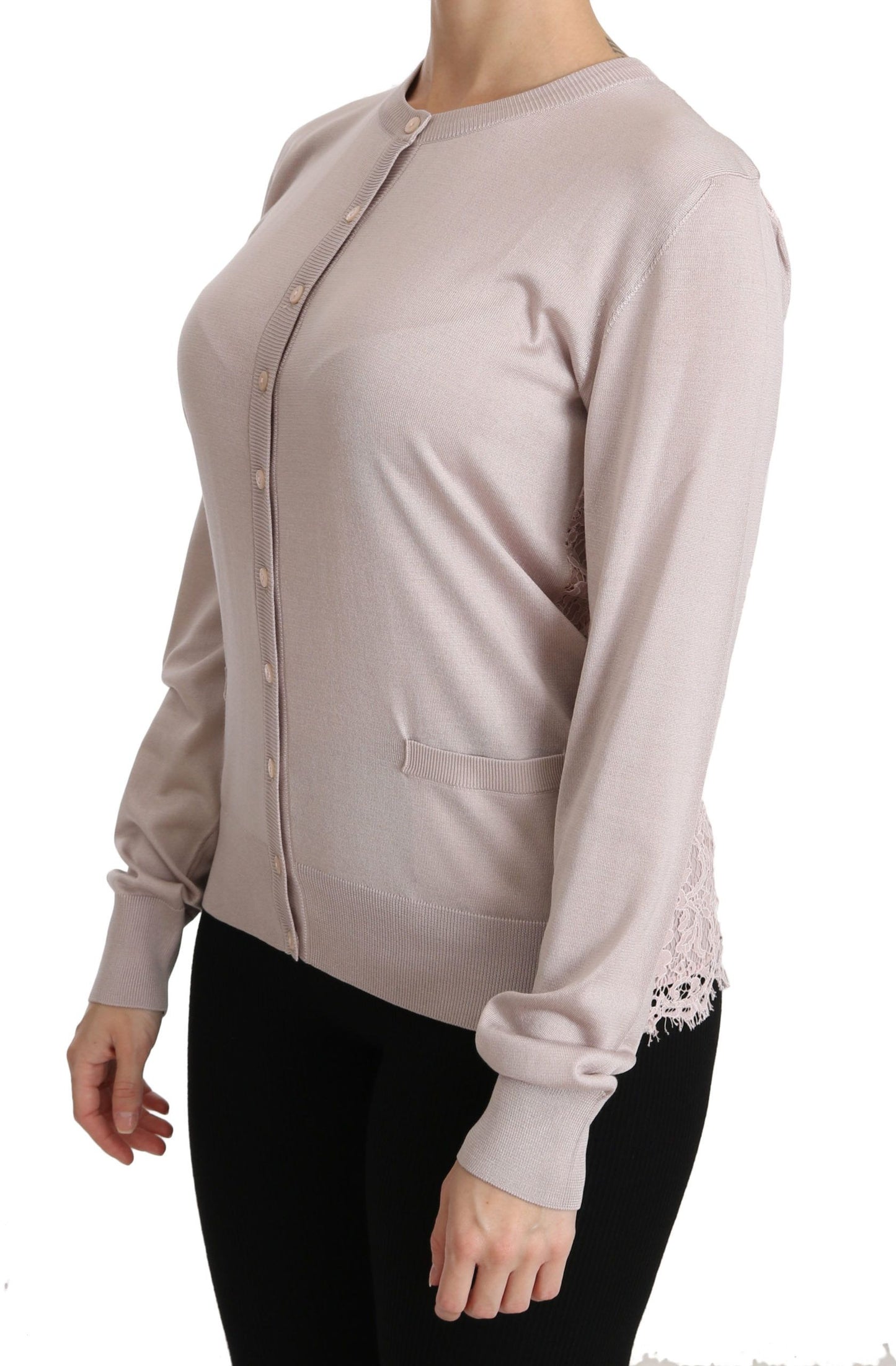 Rosafarbene Strickjacke aus Seidenmischung mit Rundhalsausschnitt
