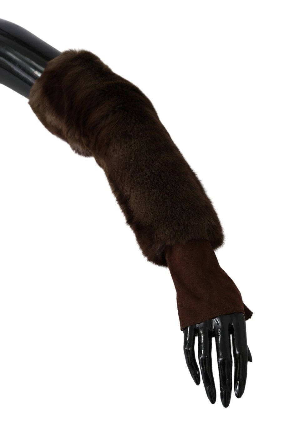 Elegante braune ellenbogenlange Handschuhe aus Pelz und Leder