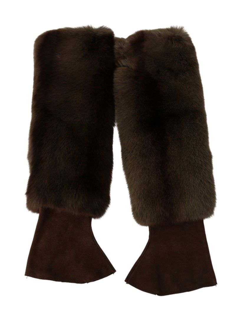 Elegante braune ellenbogenlange Handschuhe aus Pelz und Leder