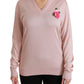 Rosa Seidenpullover mit V-Ausschnitt und Blumenmuster