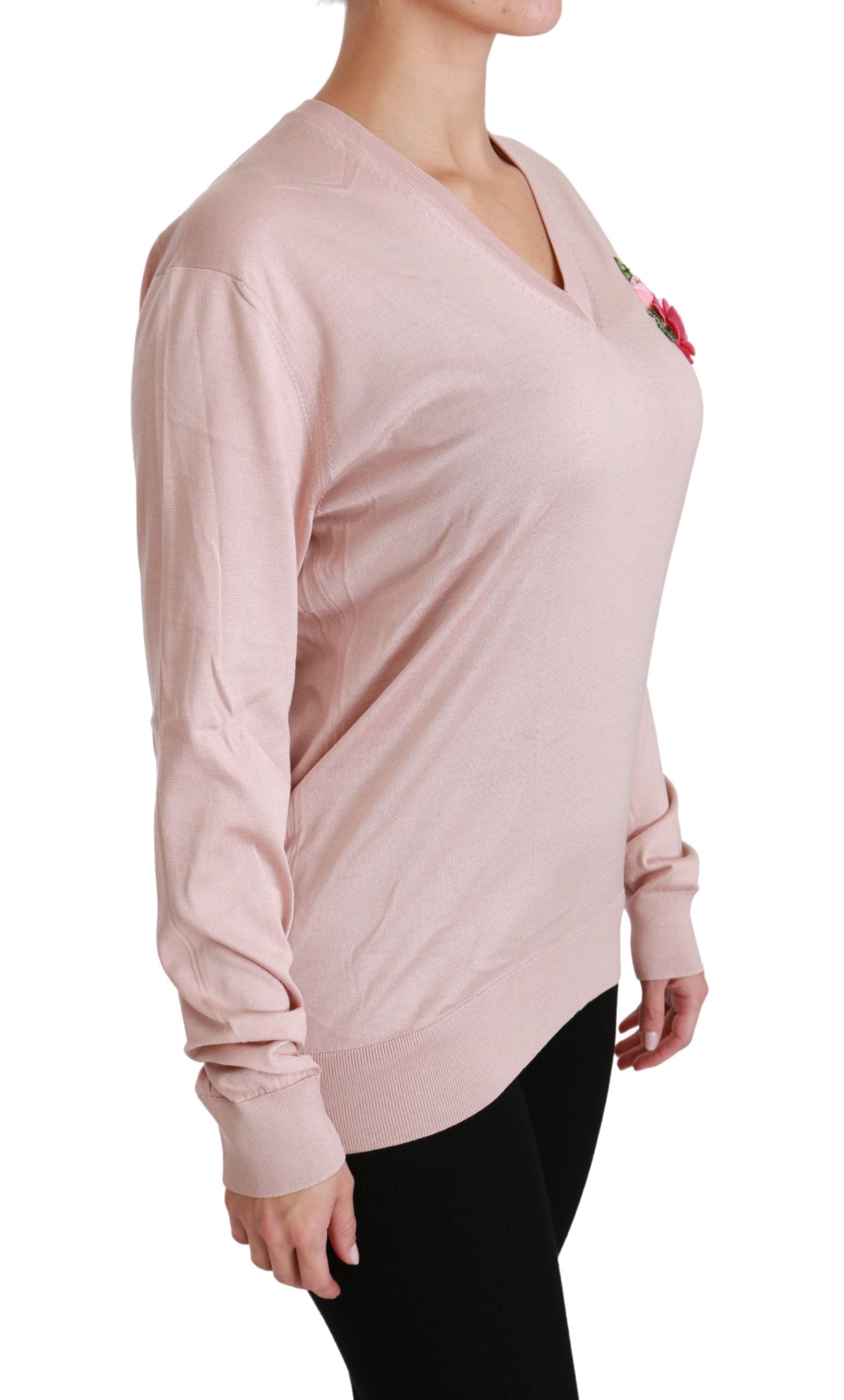 Maglione con scollo a V in seta floreale rosa