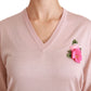 Rosa Seidenpullover mit V-Ausschnitt und Blumenmuster