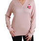 Rosa Seidenpullover mit V-Ausschnitt und Blumenmuster