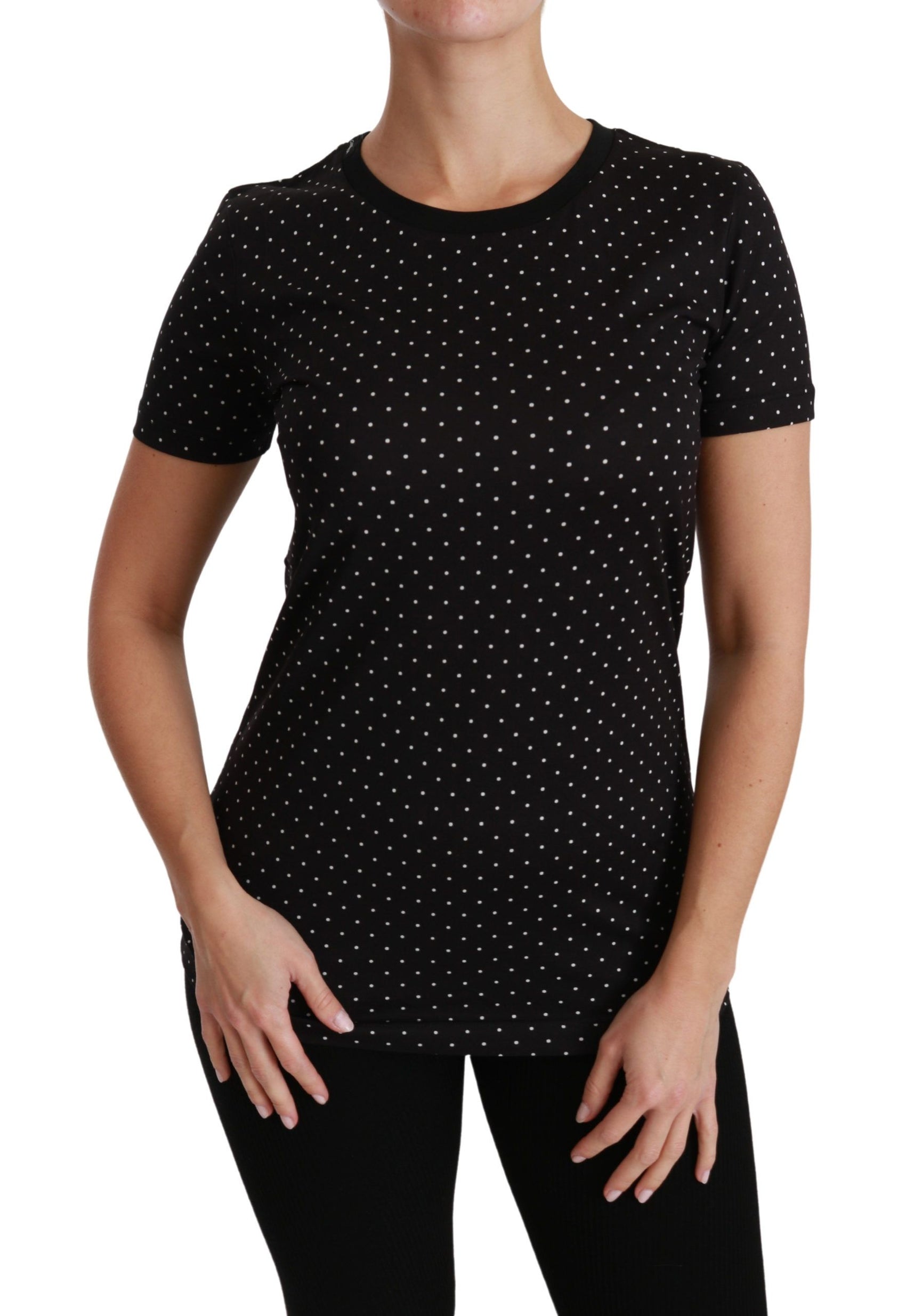 T-shirt girocollo in cotone con pois neri chic